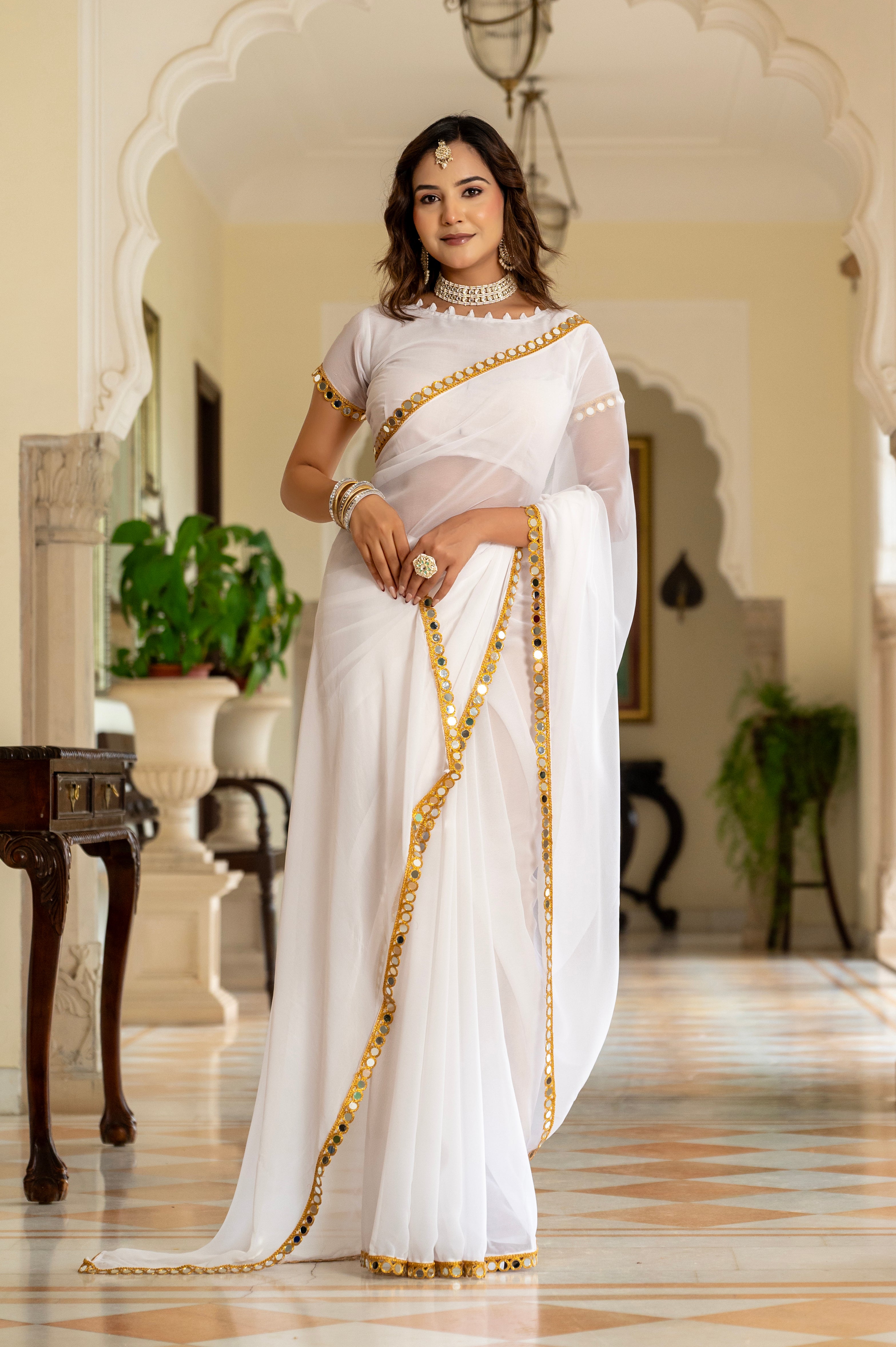 Elegant White Mirror Work Georgette Saree