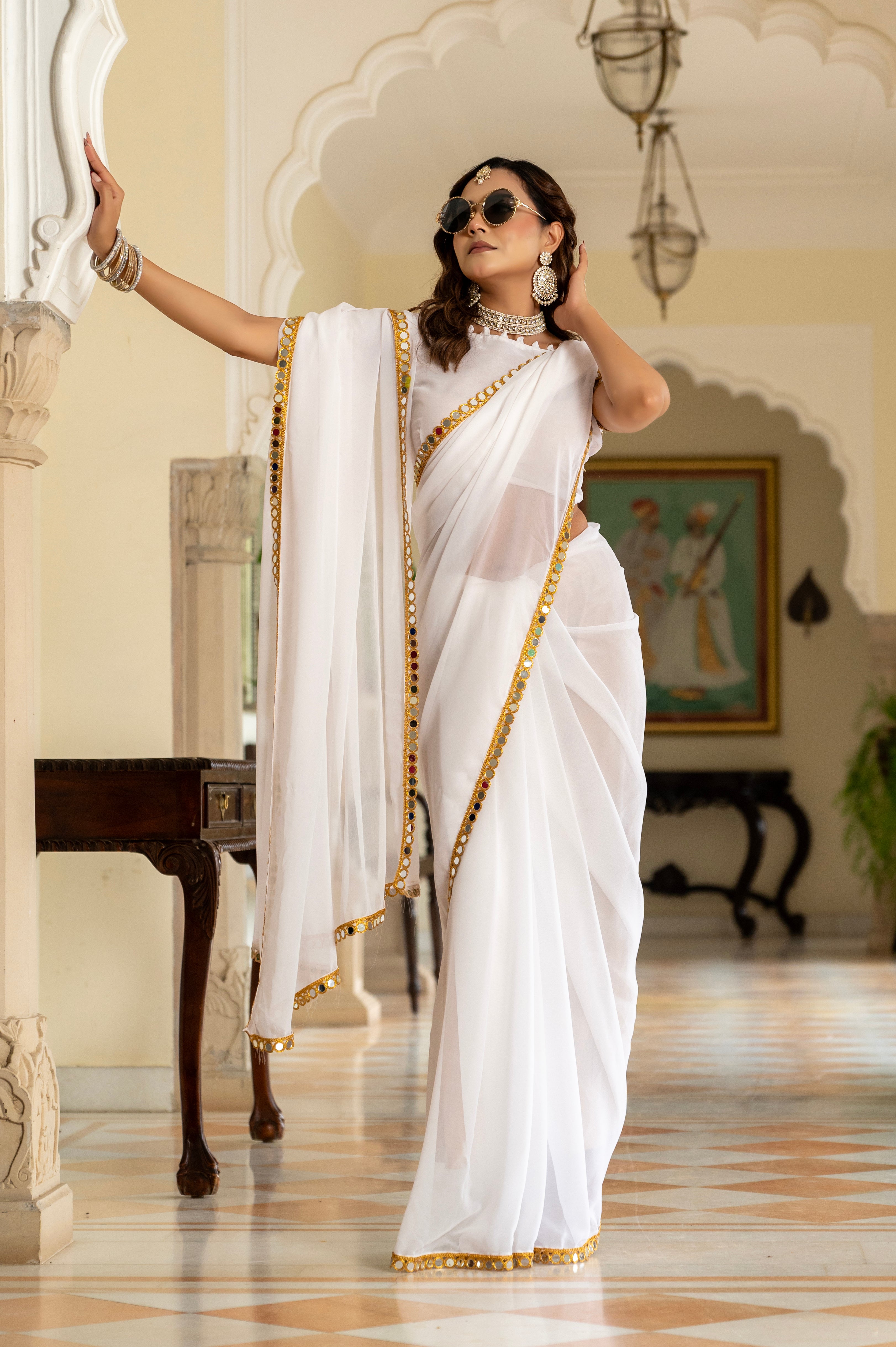 Elegant White Mirror Work Georgette Saree