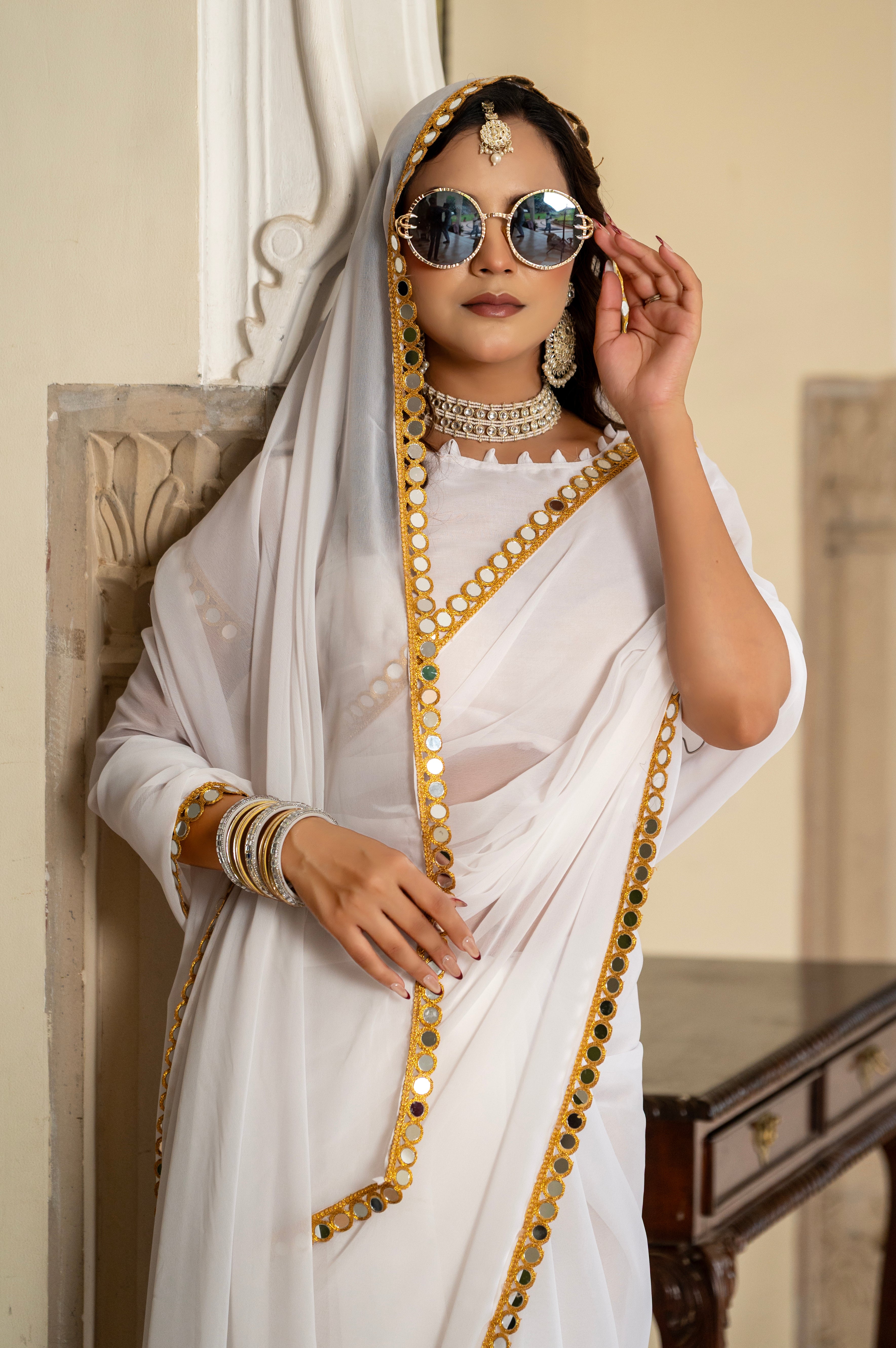 Elegant White Mirror Work Georgette Saree