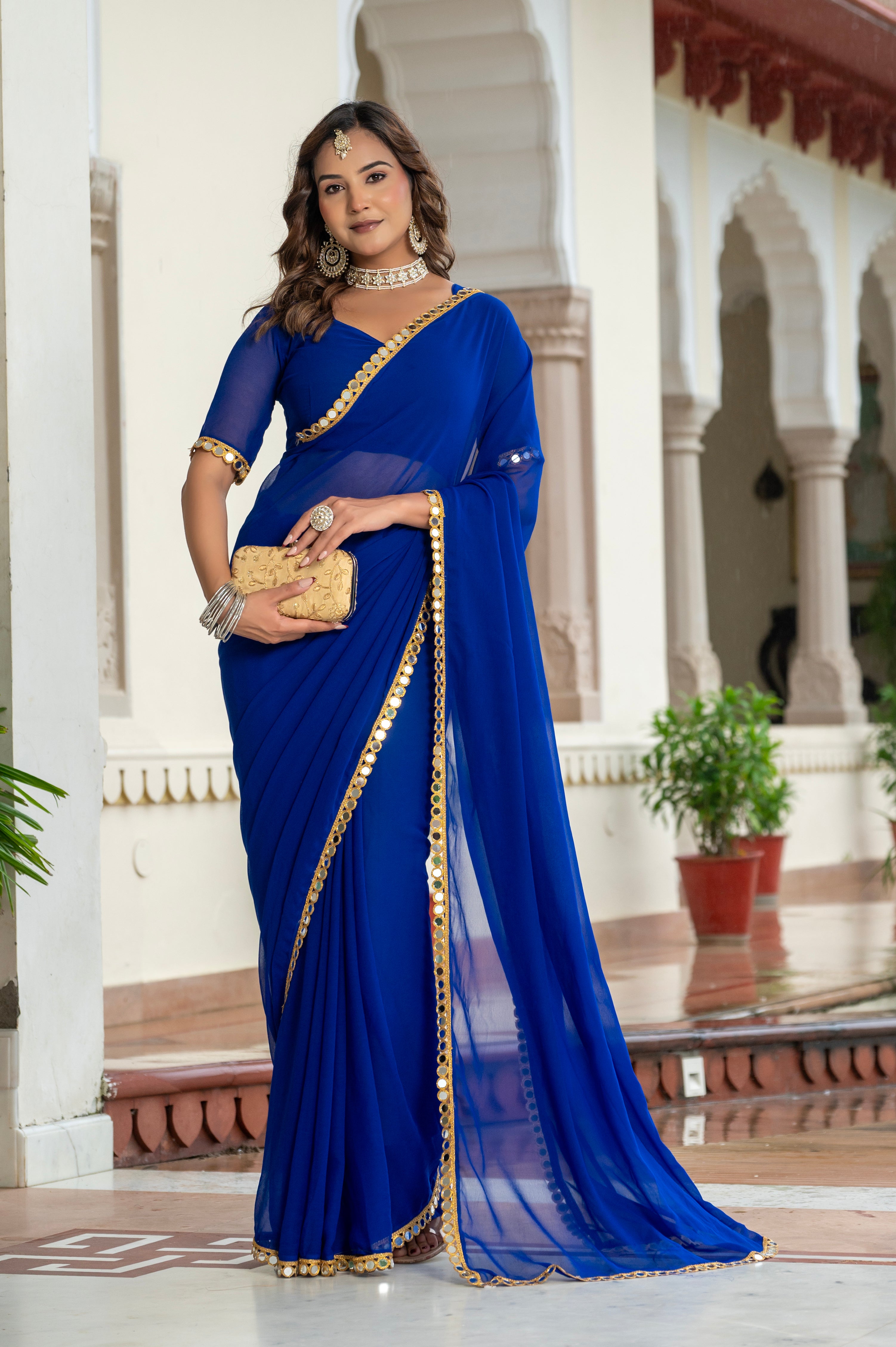 Elegant Blue Mirror Work Georgette Saree