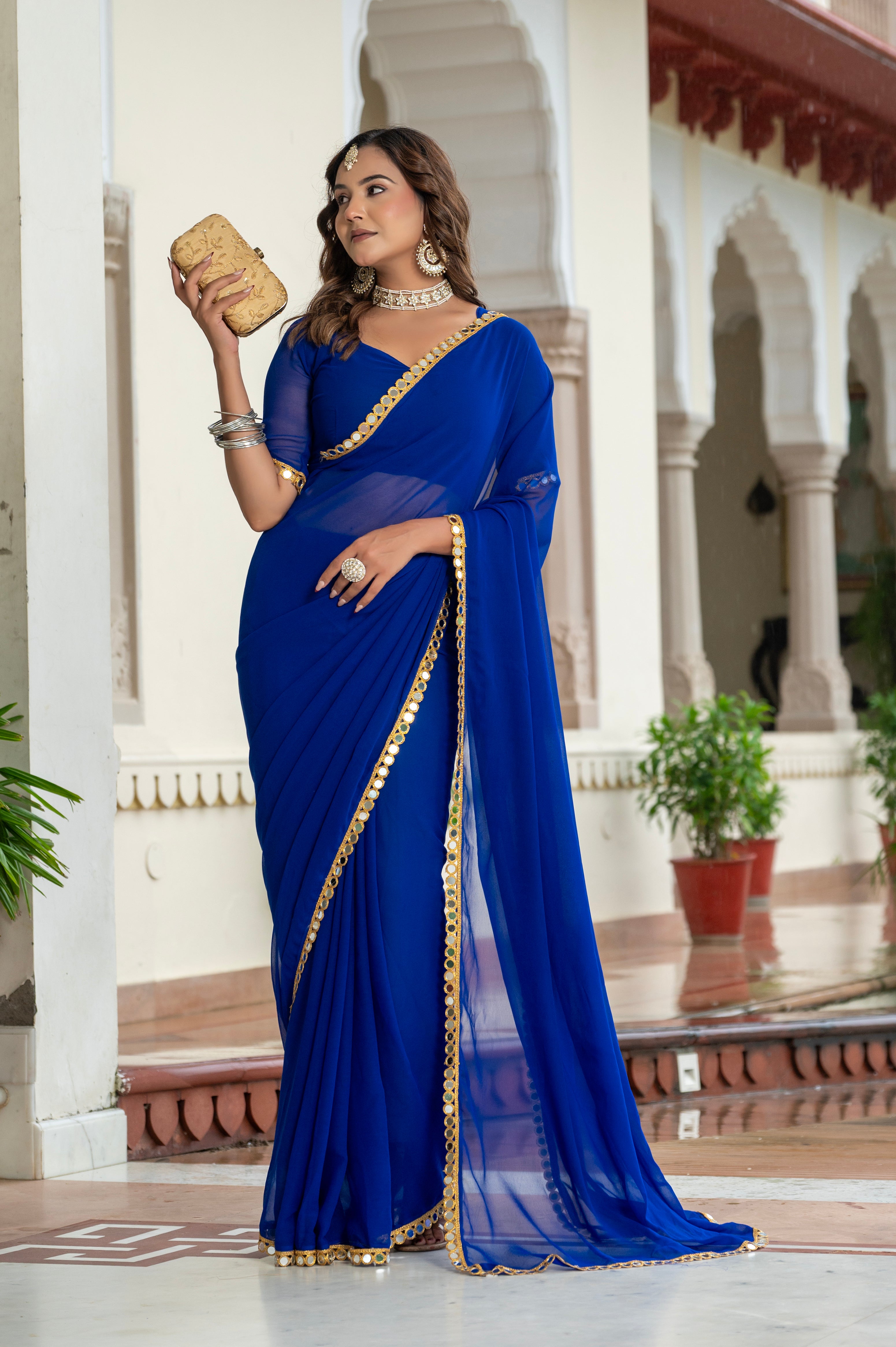 Elegant Blue Mirror Work Georgette Saree
