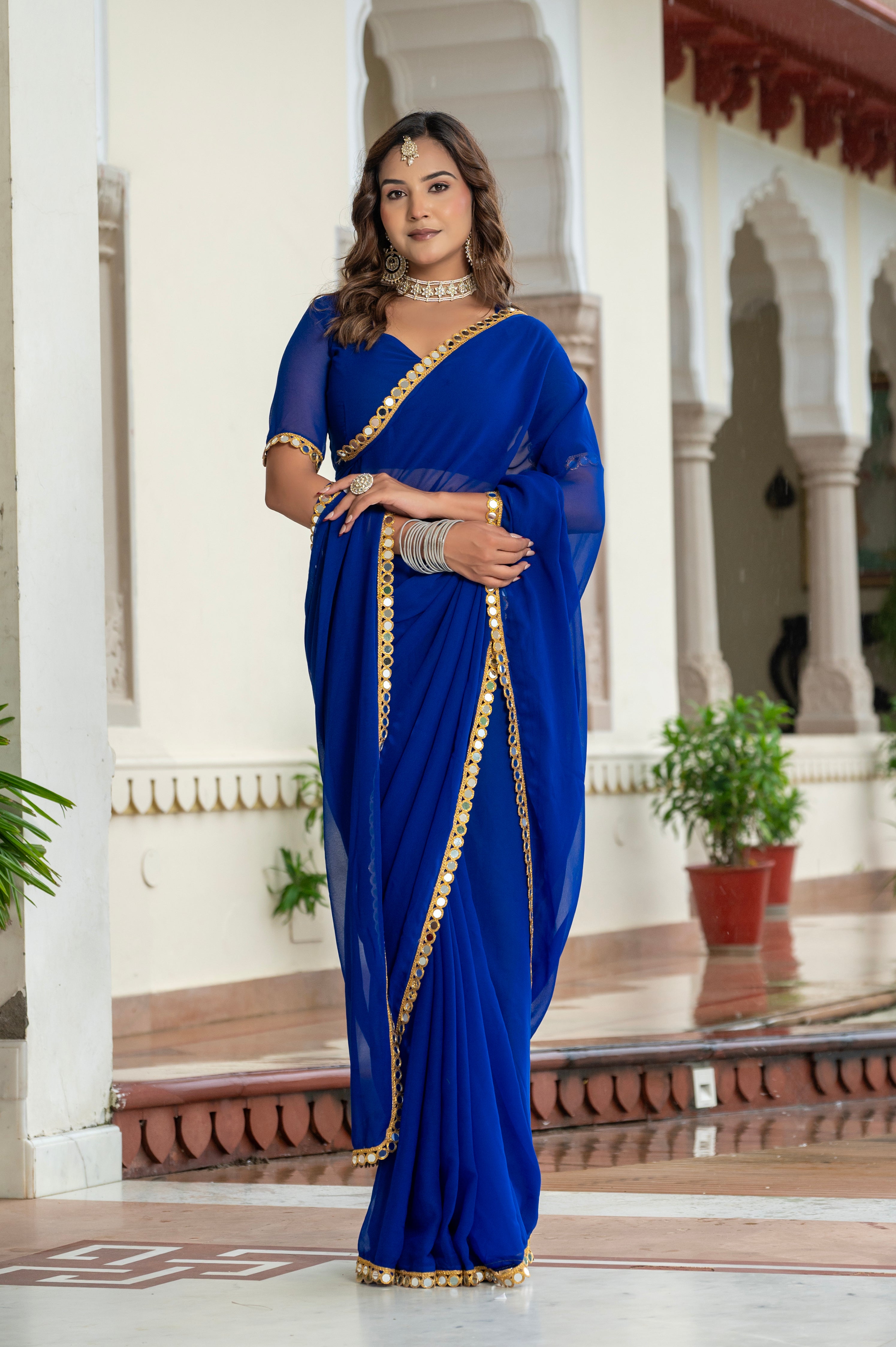Elegant Blue Mirror Work Georgette Saree