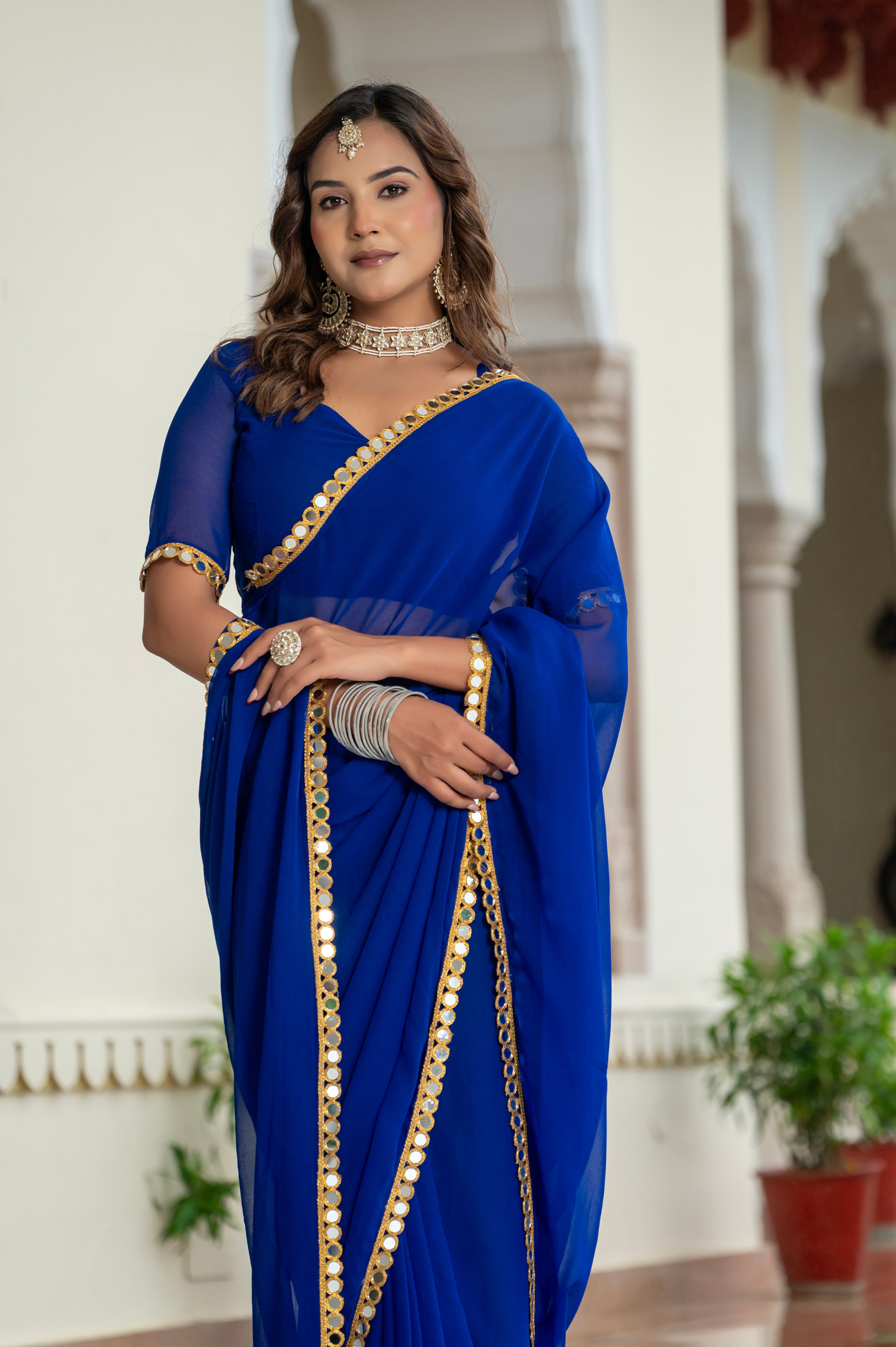 Elegant Blue Mirror Work Georgette Saree