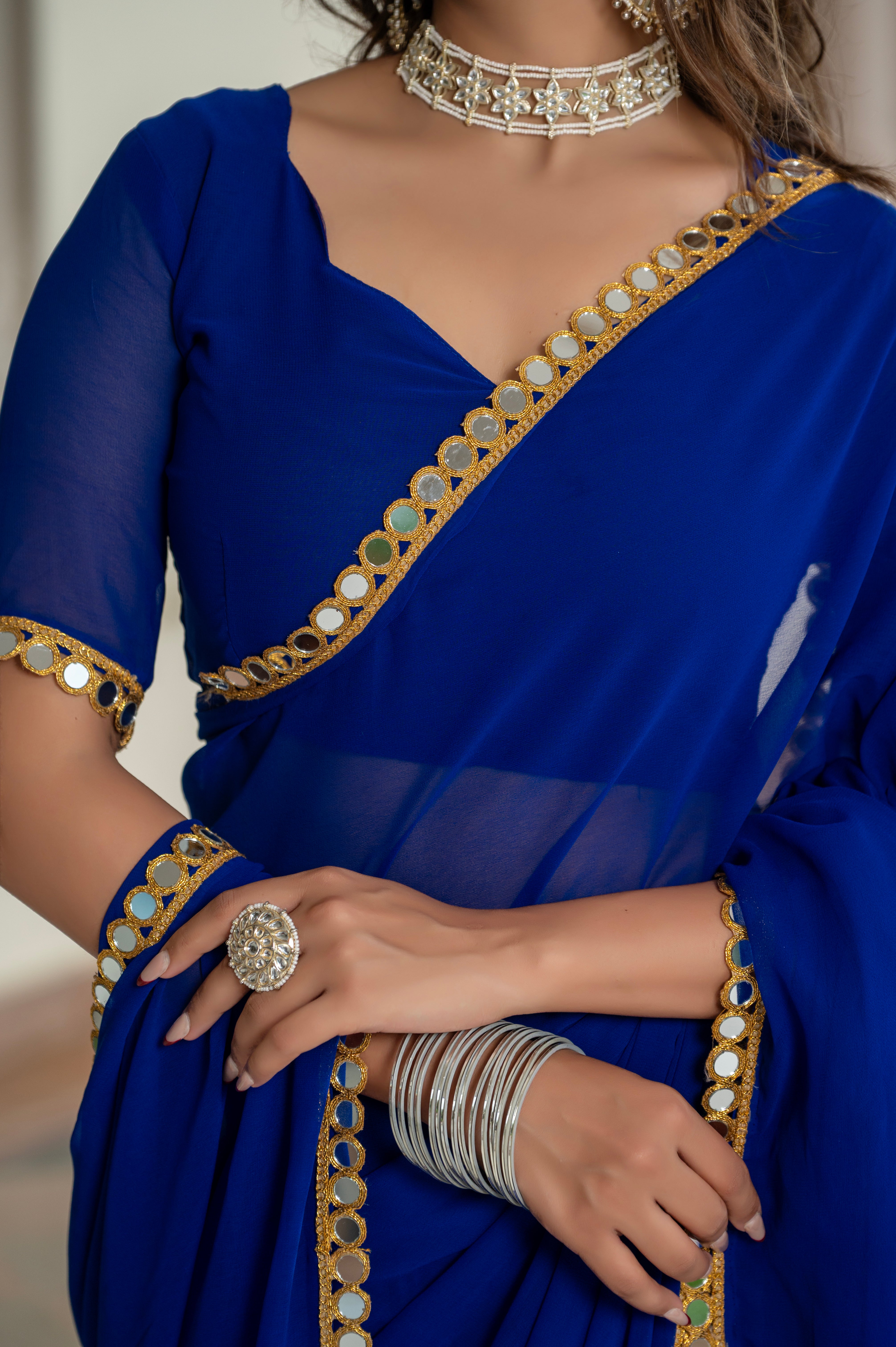 Elegant Blue Mirror Work Georgette Saree