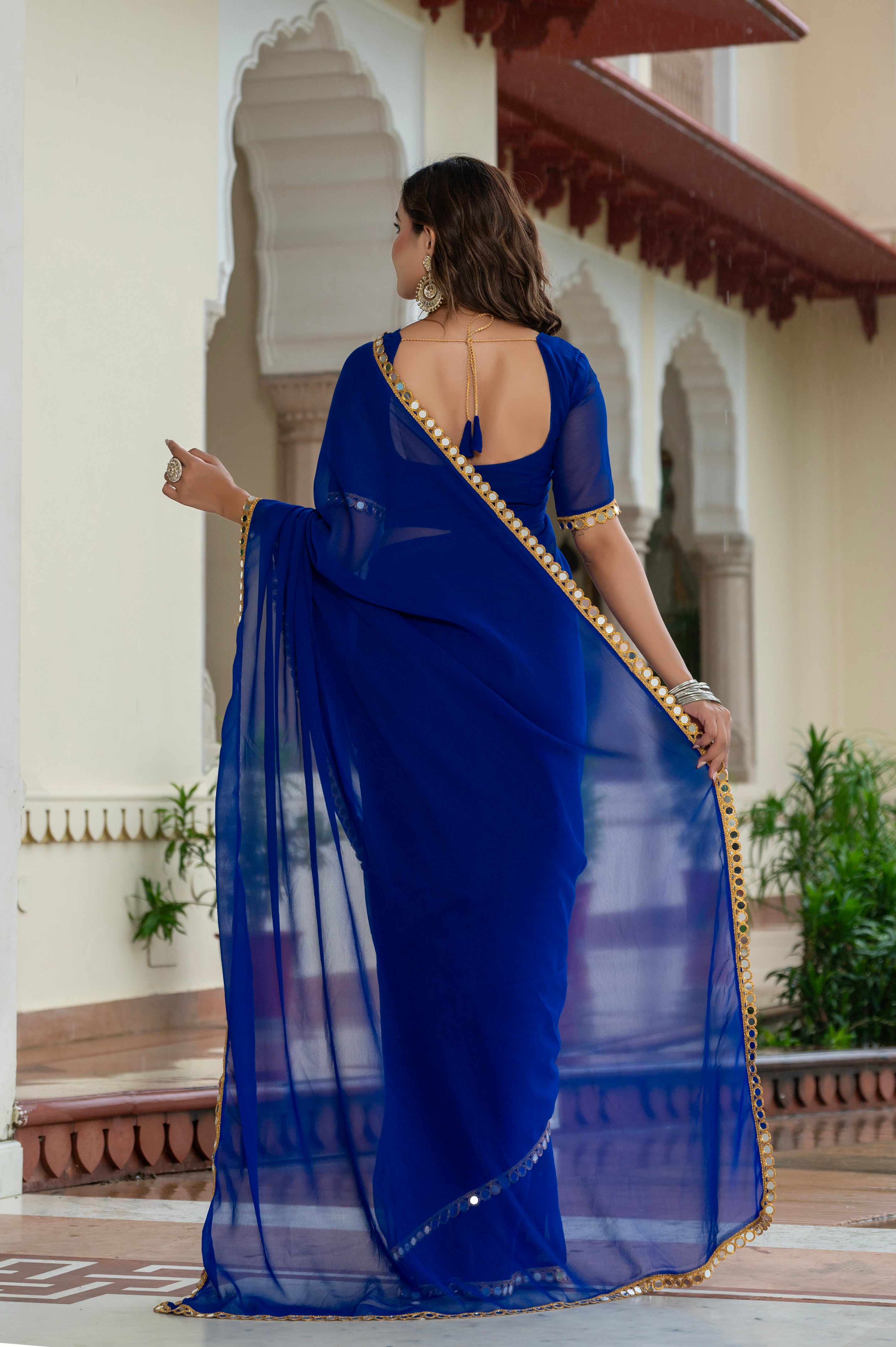 Elegant Blue Mirror Work Georgette Saree