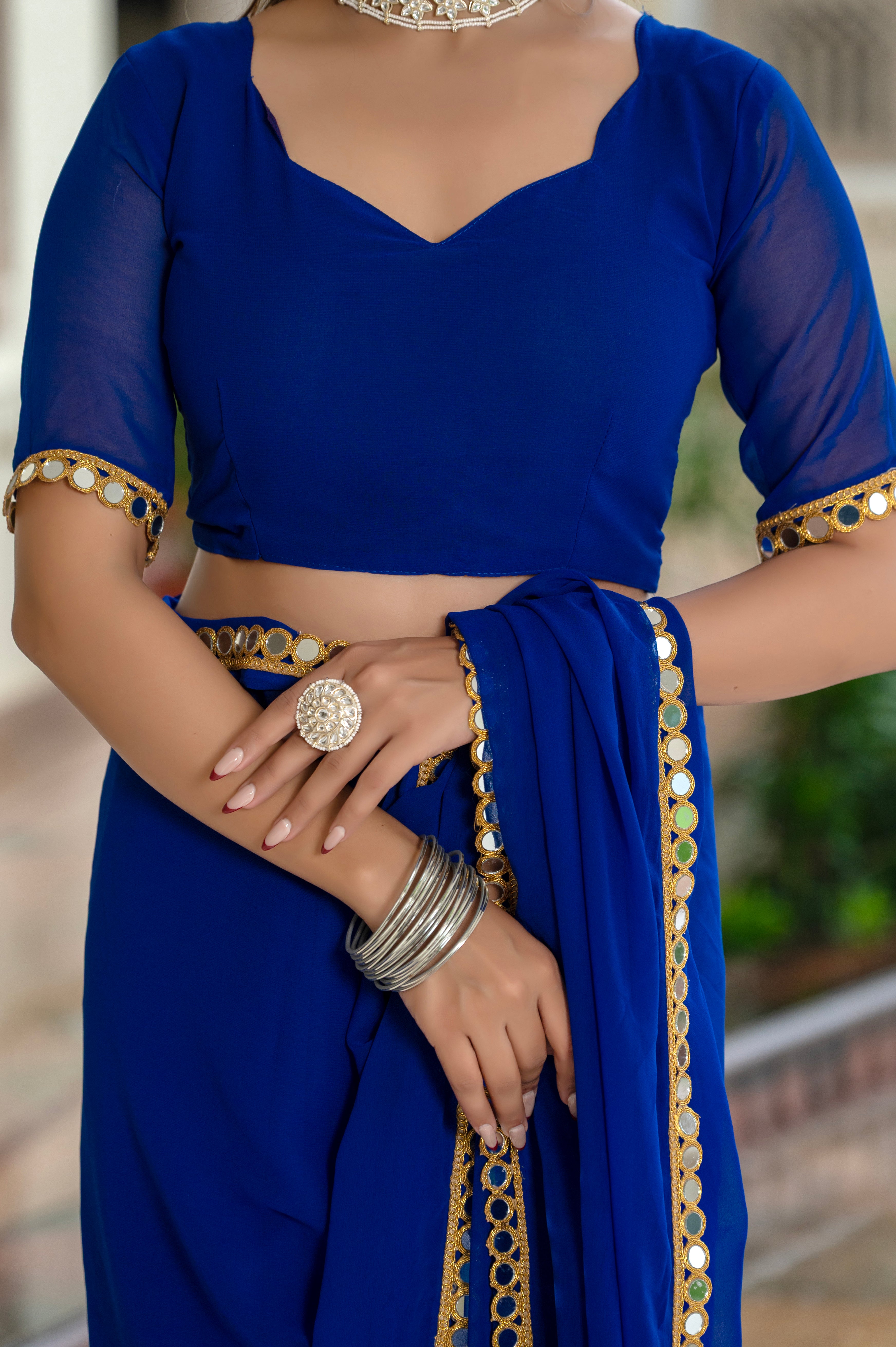 Elegant Blue Mirror Work Georgette Saree