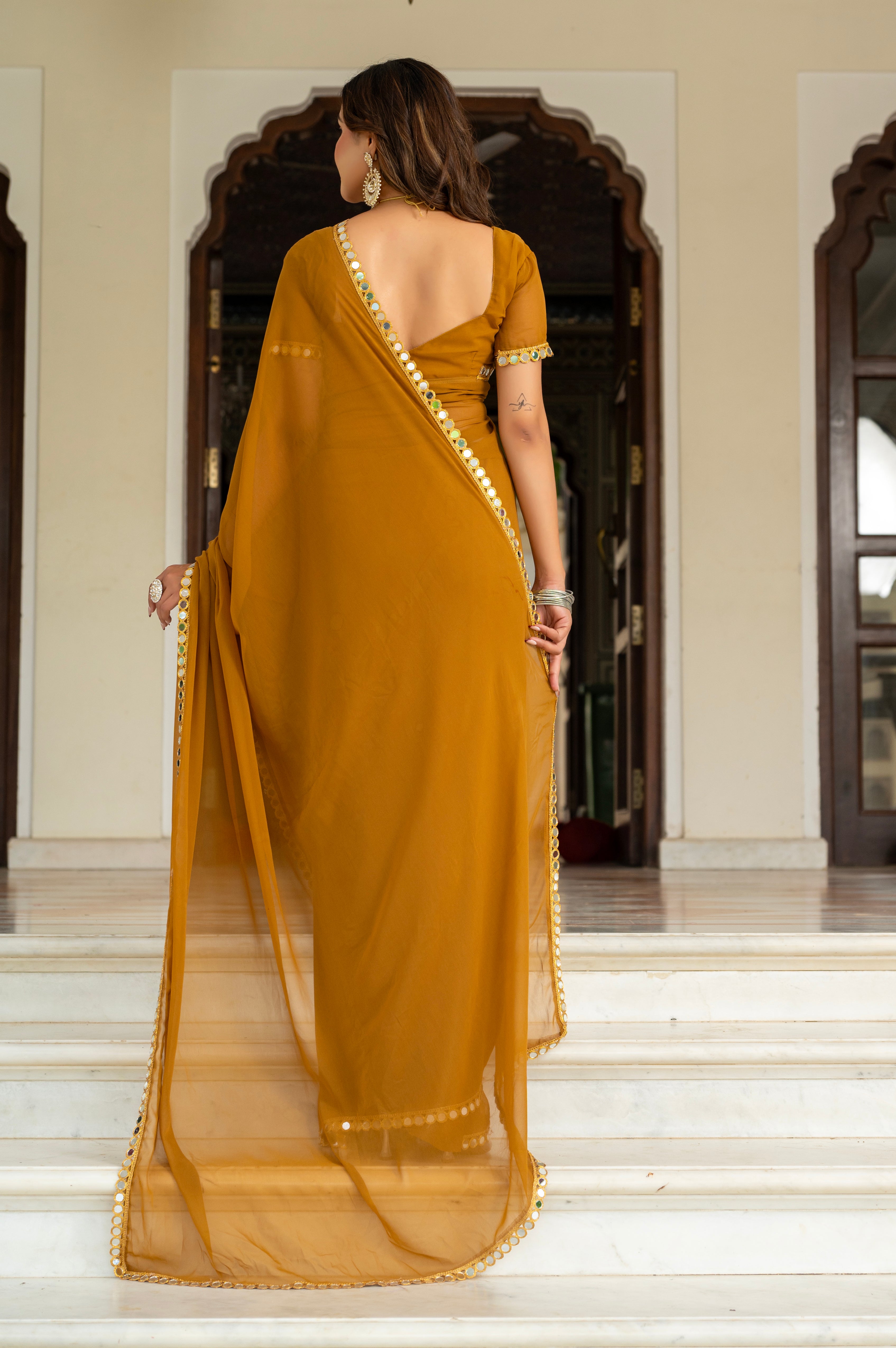 Elegant Musted Mirror Work Georgette Saree