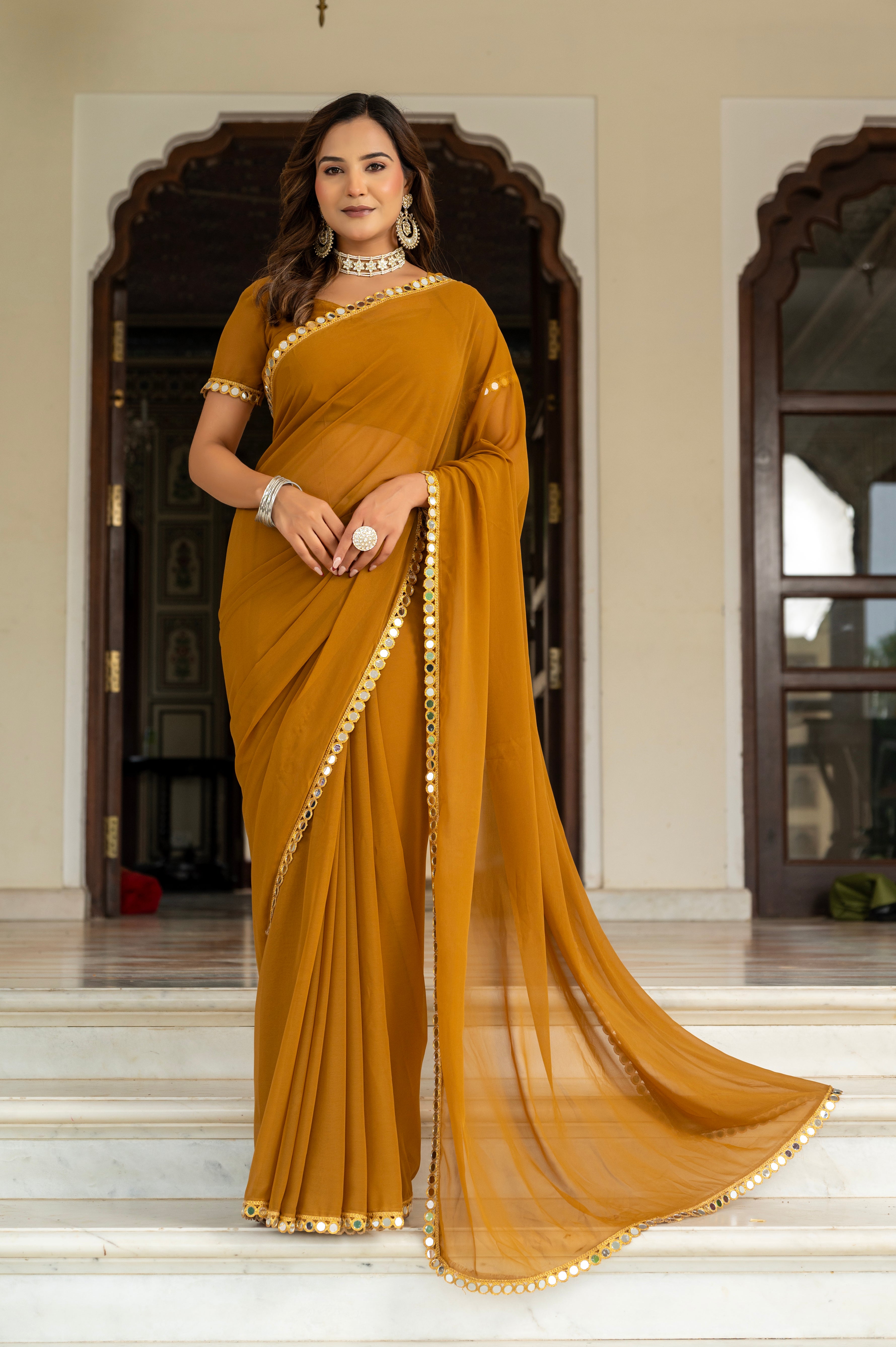 Elegant Musted Mirror Work Georgette Saree