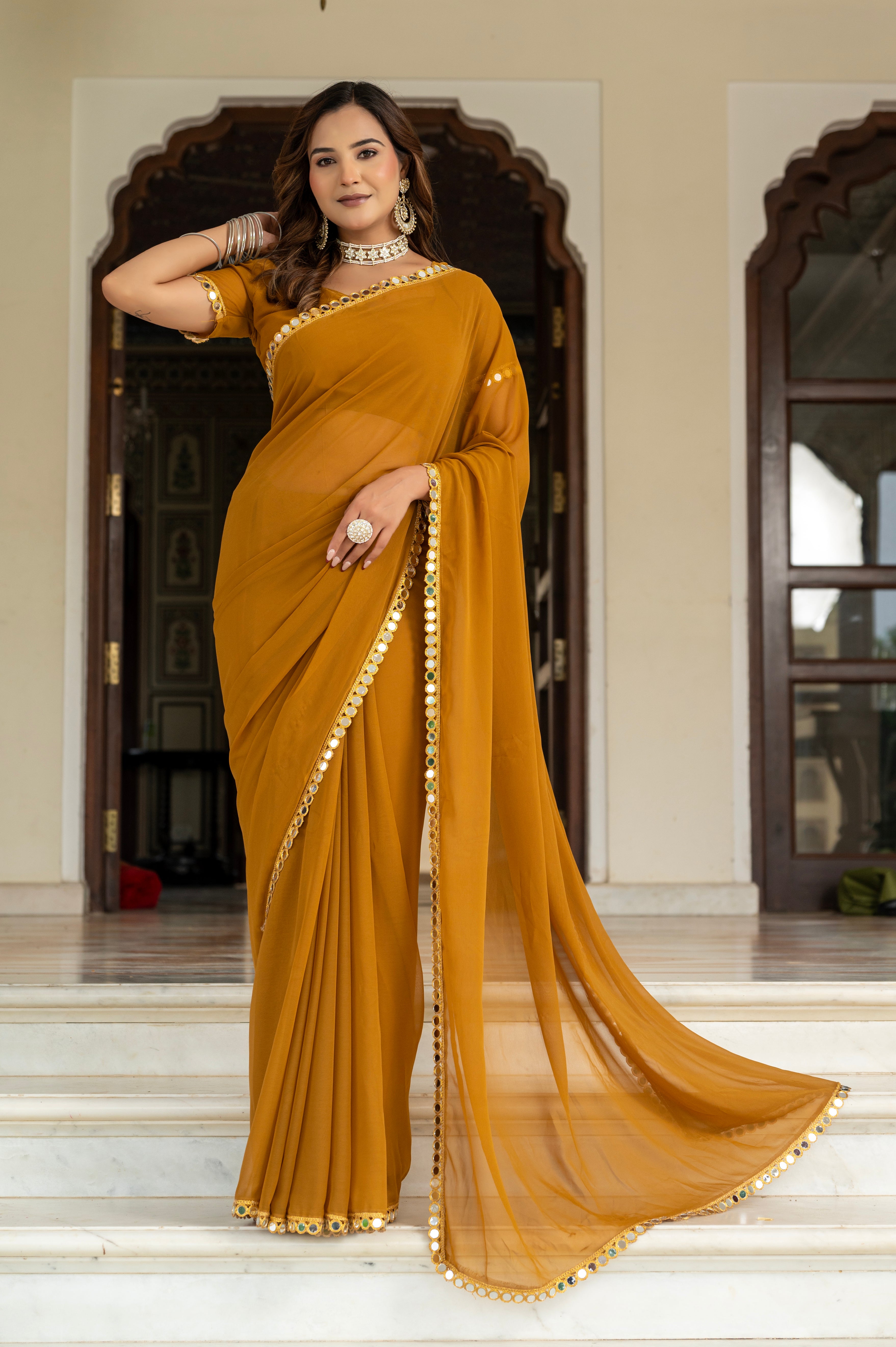Elegant Musted Mirror Work Georgette Saree