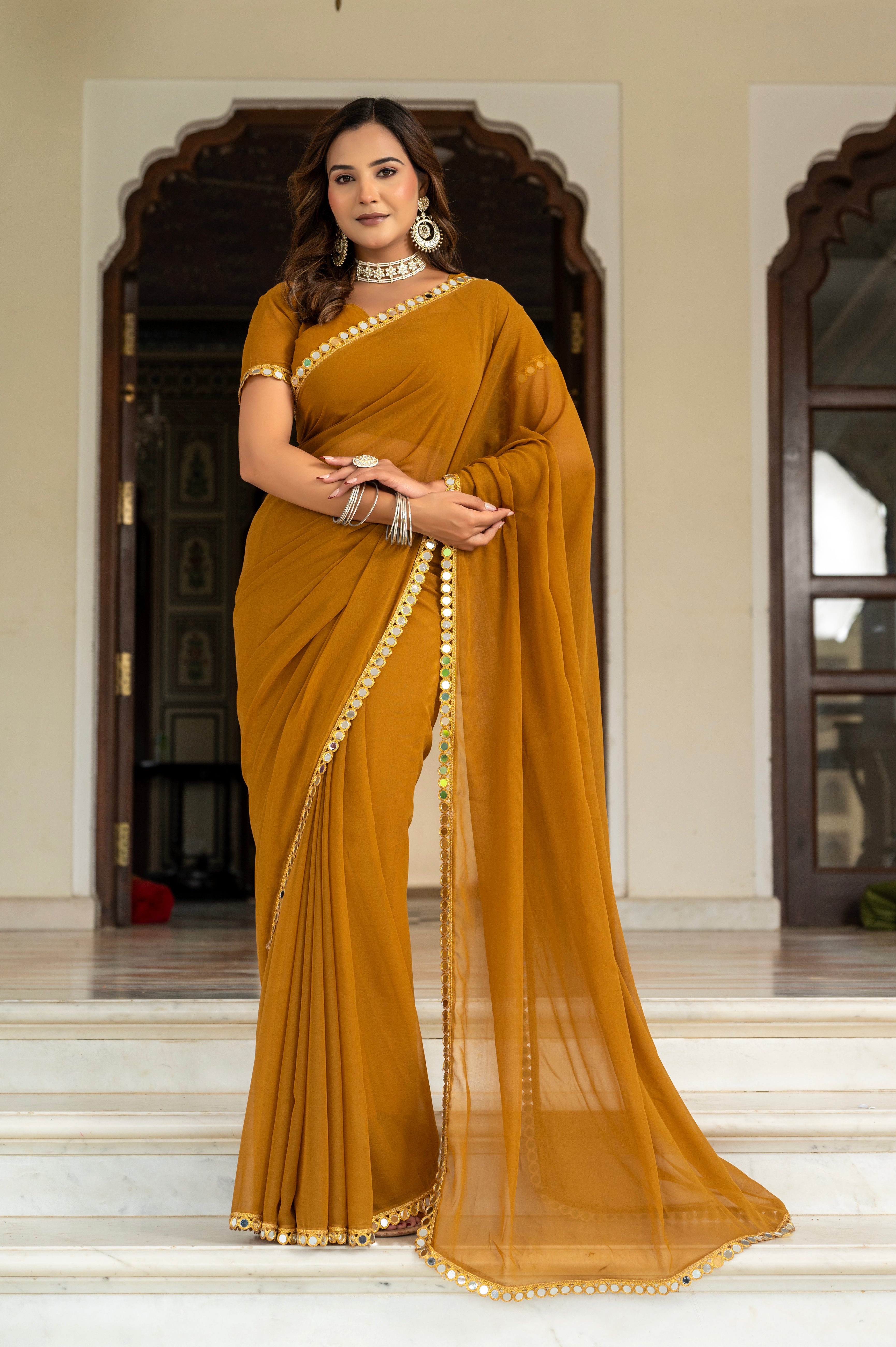 Elegant Musted Mirror Work Georgette Saree