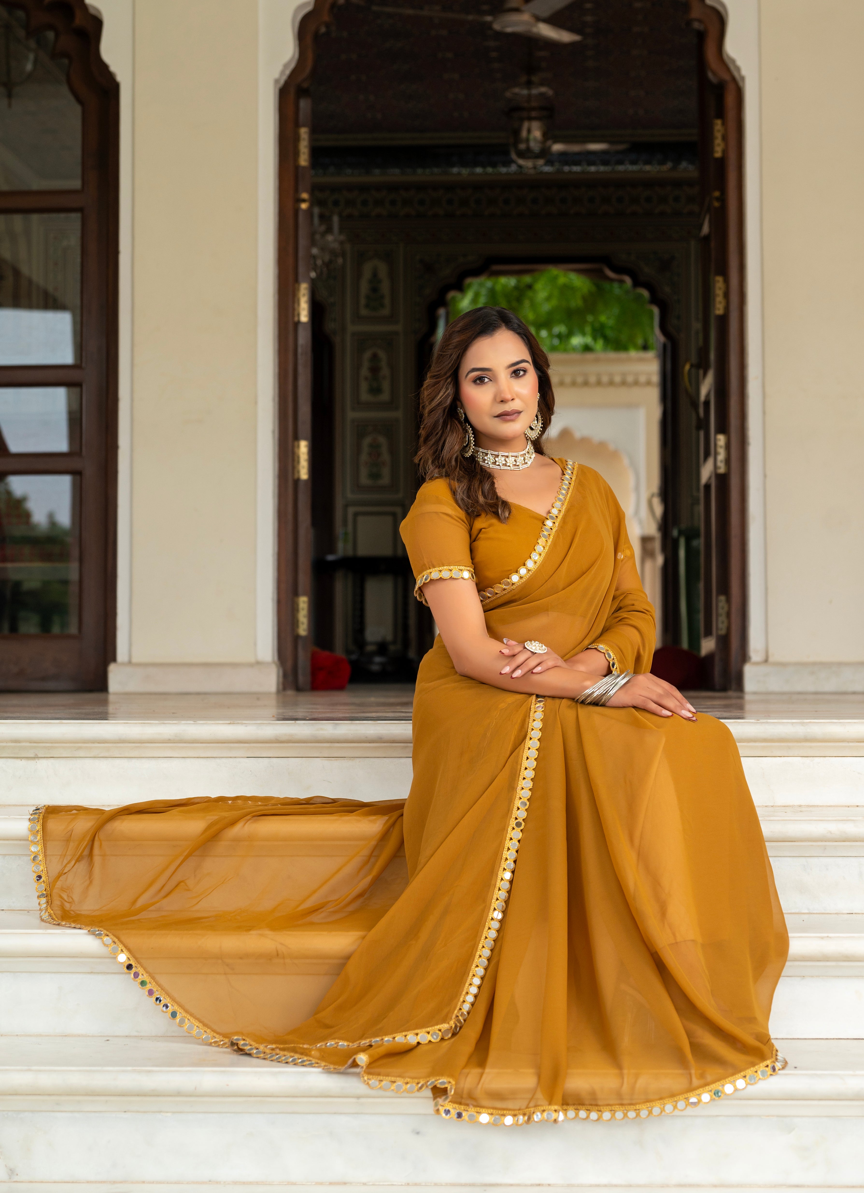 Elegant Musted Mirror Work Georgette Saree