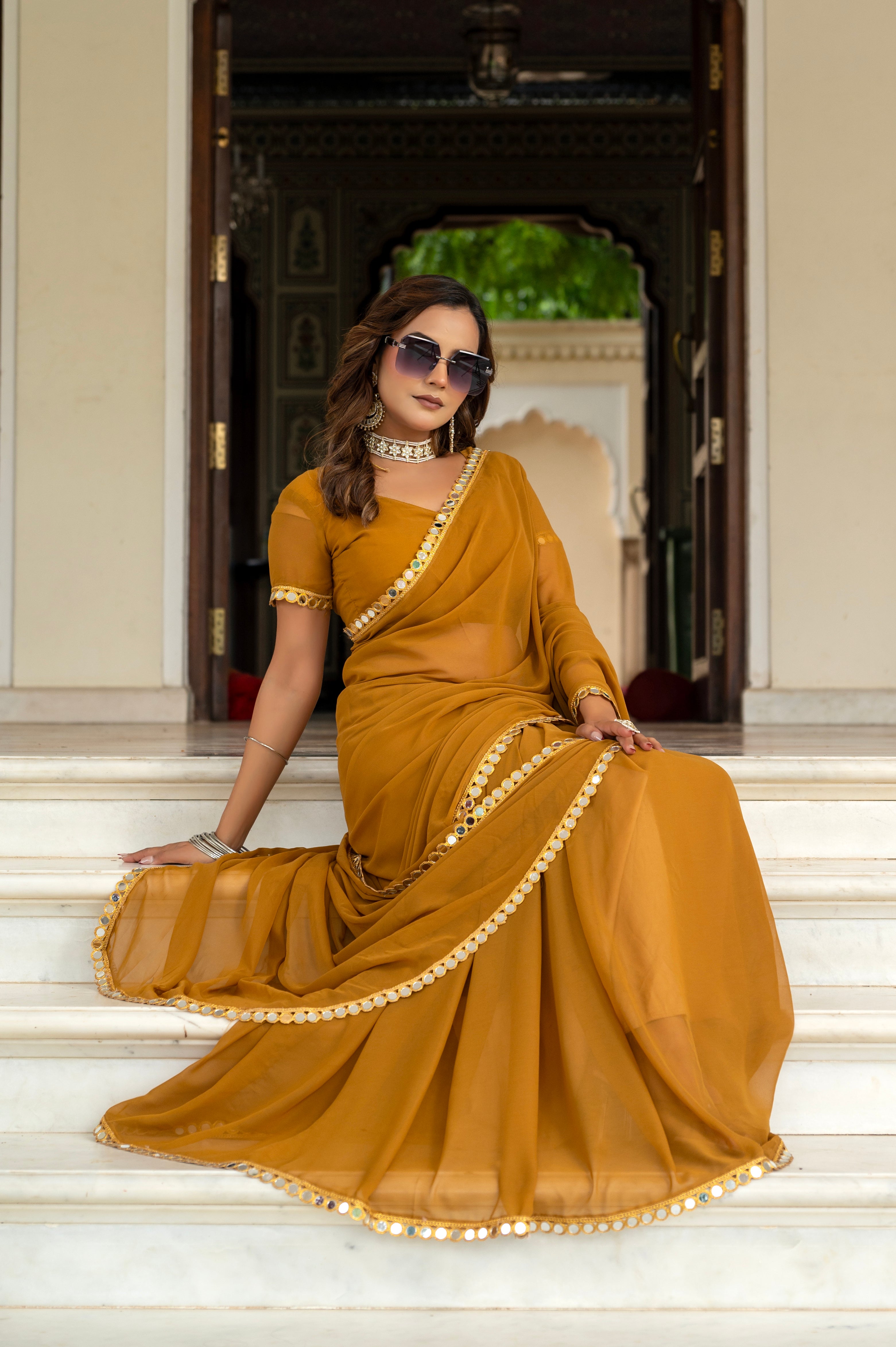 Elegant Musted Mirror Work Georgette Saree