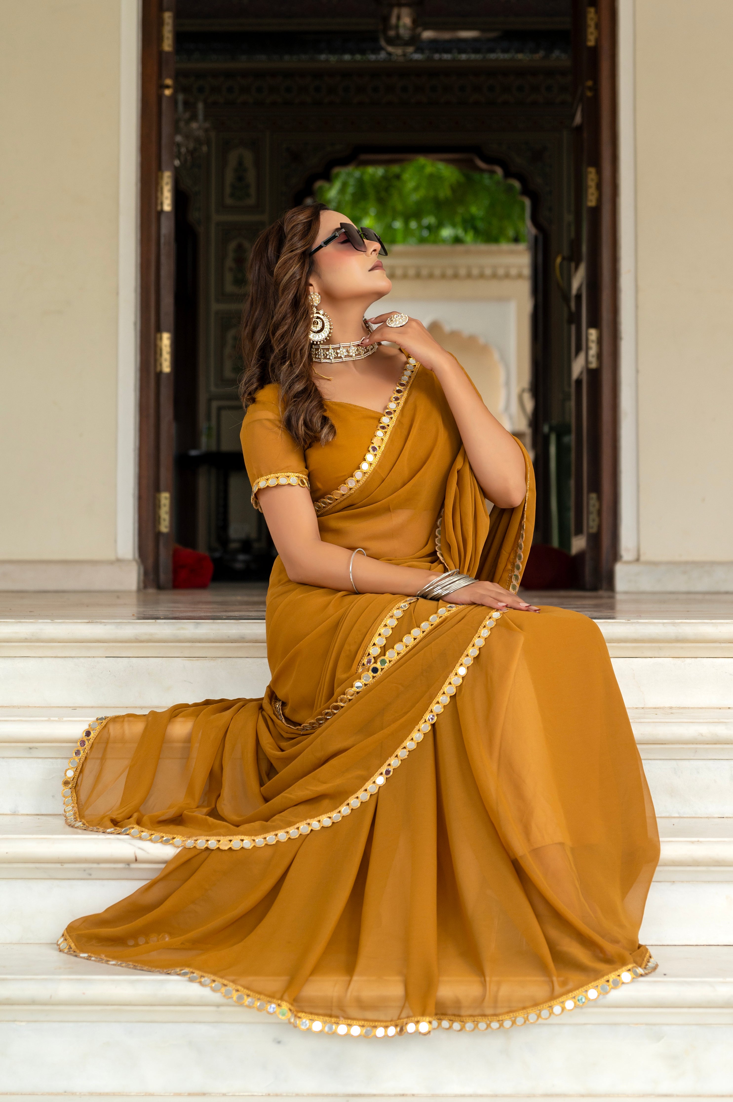 Elegant Musted Mirror Work Georgette Saree