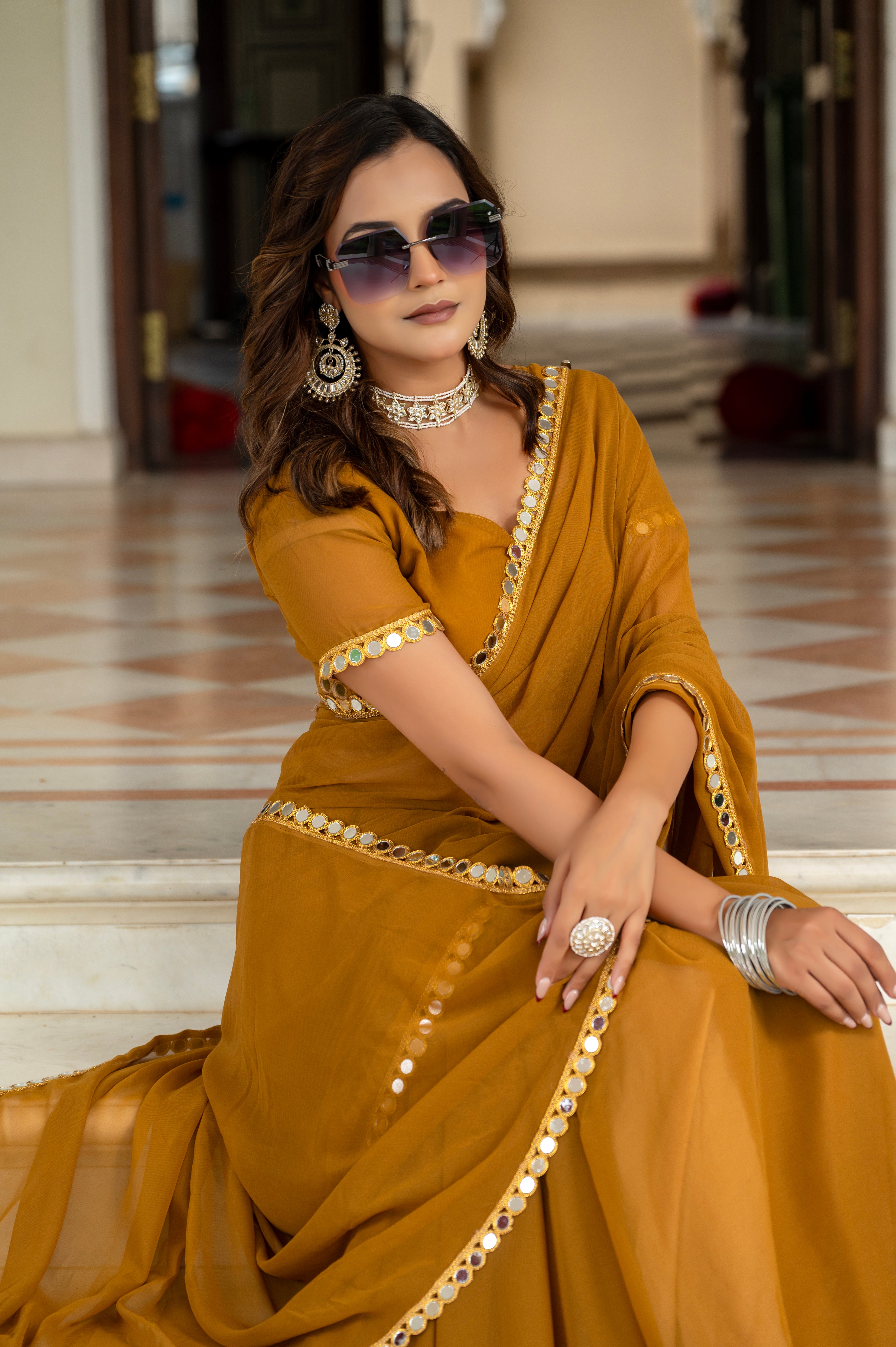 Elegant Musted Mirror Work Georgette Saree