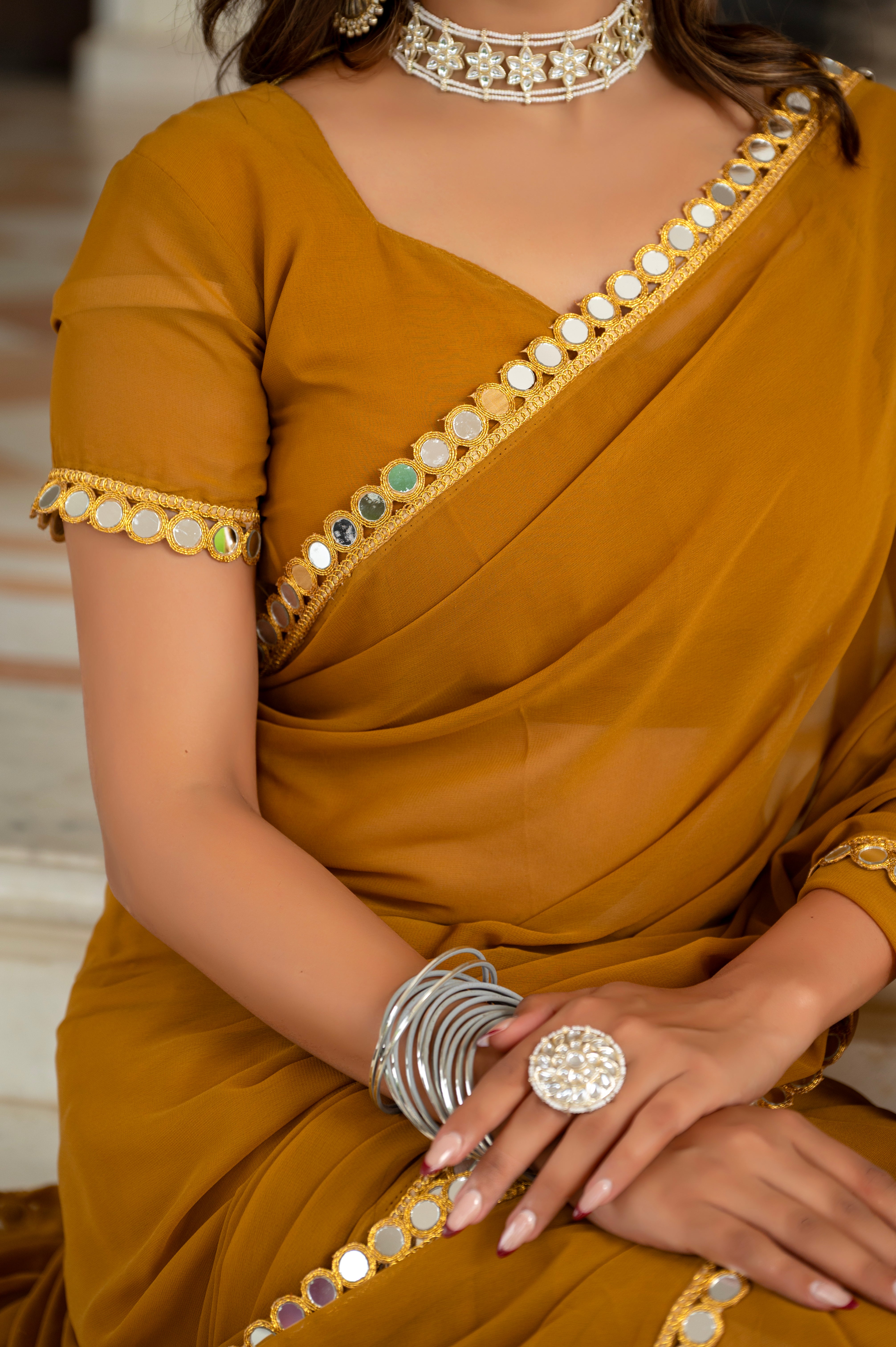 Elegant Musted Mirror Work Georgette Saree