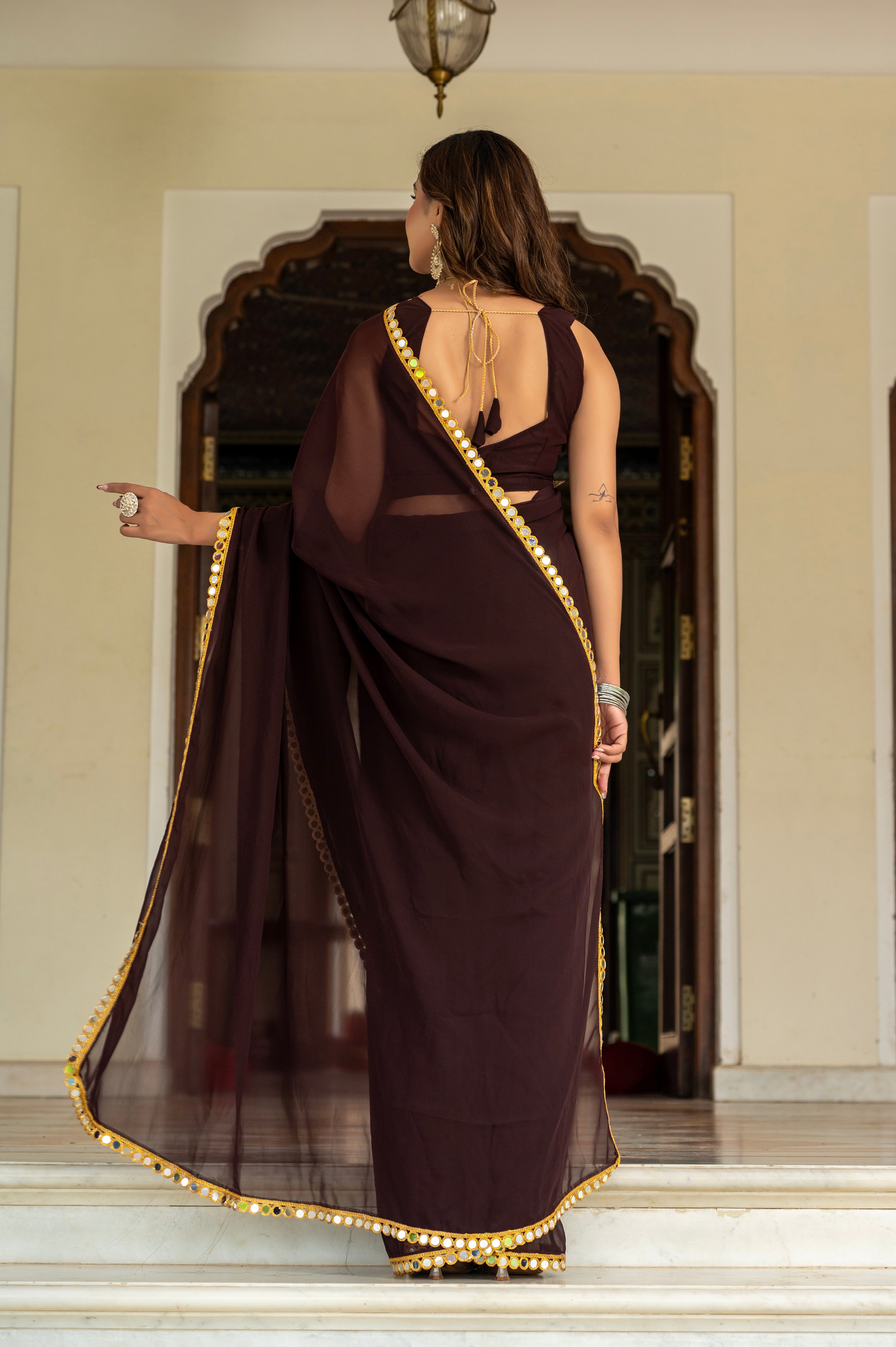 Elegant Coffy Mirror Work Georgette Saree