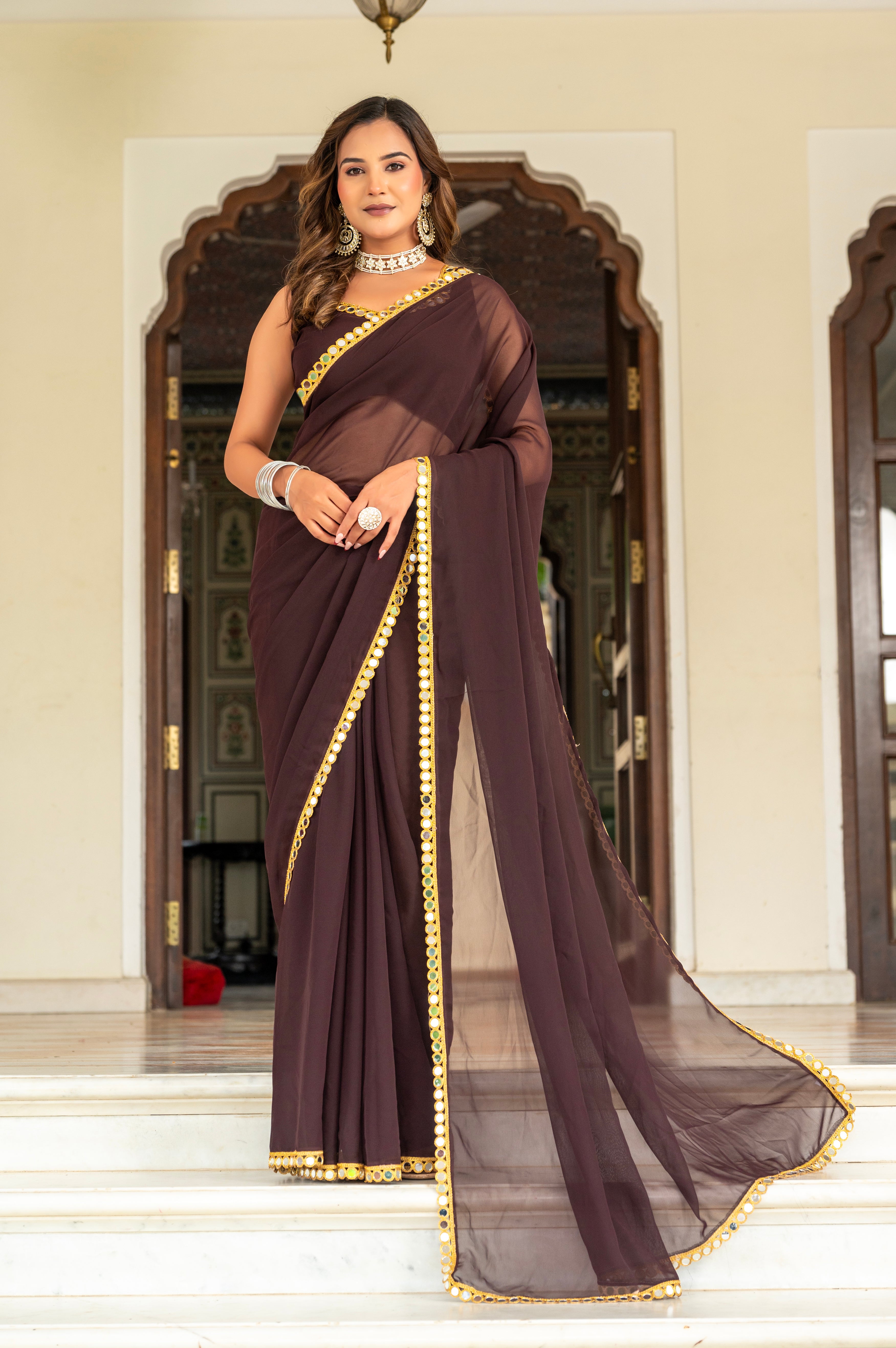 Elegant Coffy Mirror Work Georgette Saree