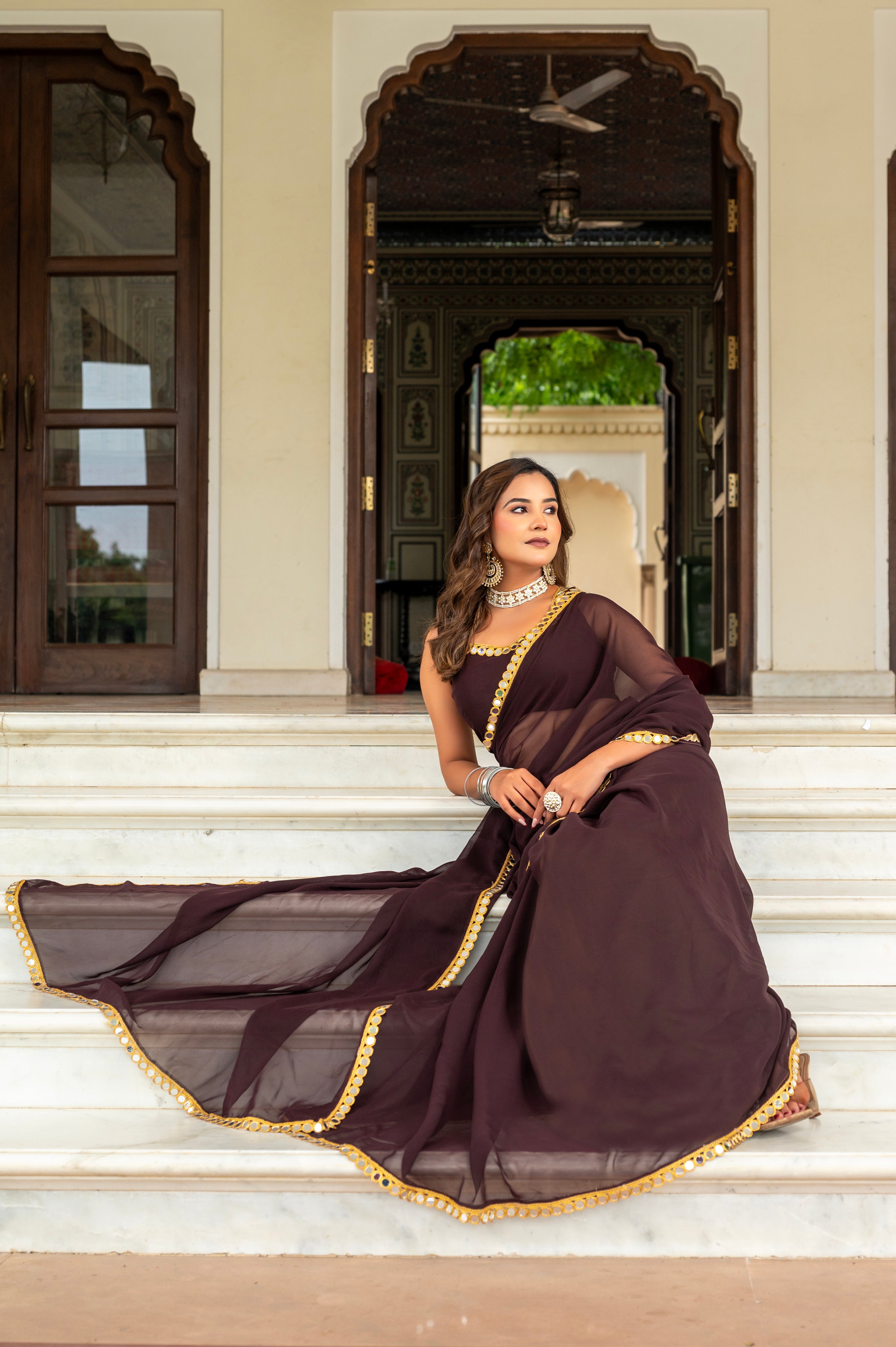 Elegant Coffy Mirror Work Georgette Saree