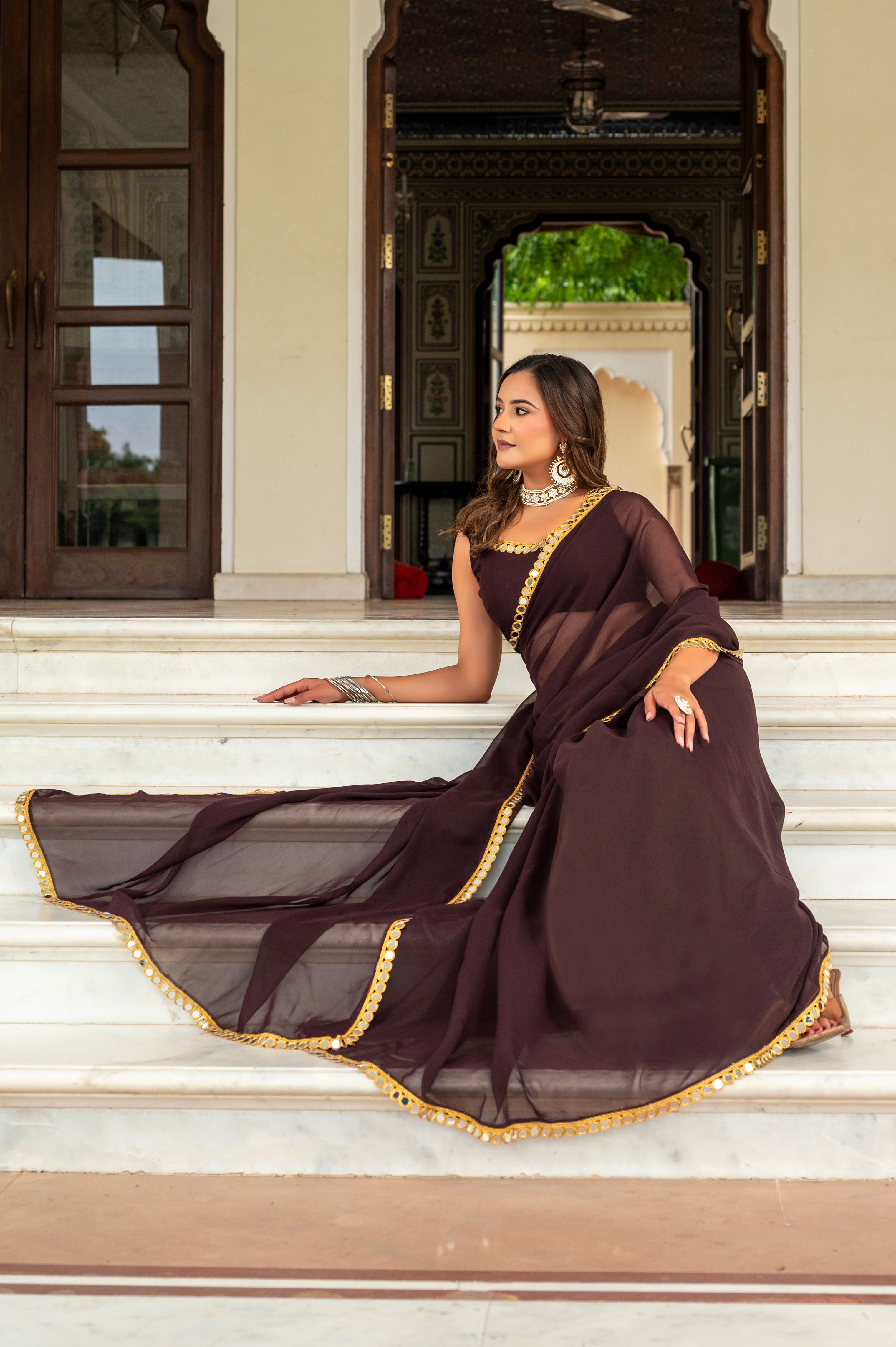 Elegant Coffy Mirror Work Georgette Saree