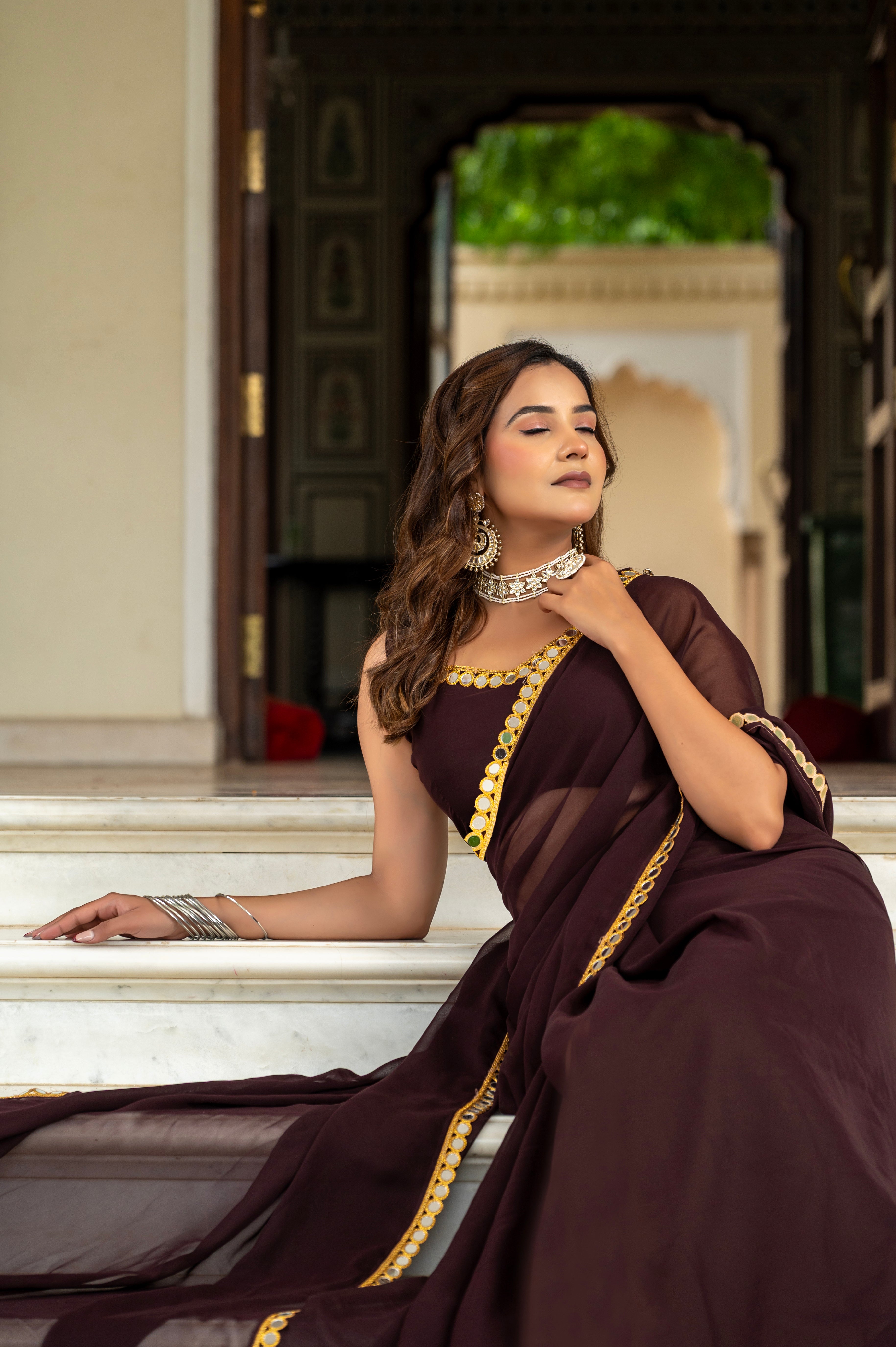 Elegant Coffy Mirror Work Georgette Saree