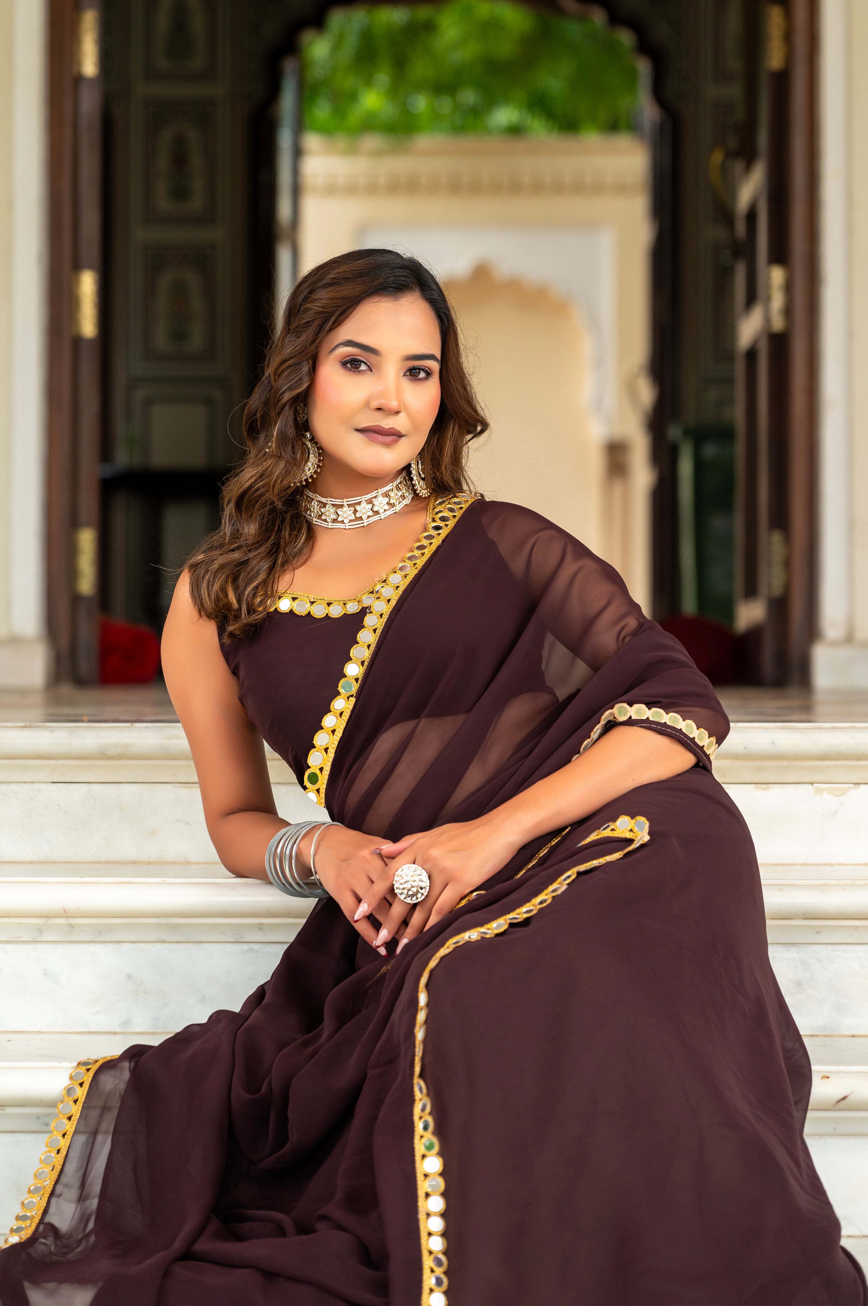 Elegant Coffy Mirror Work Georgette Saree