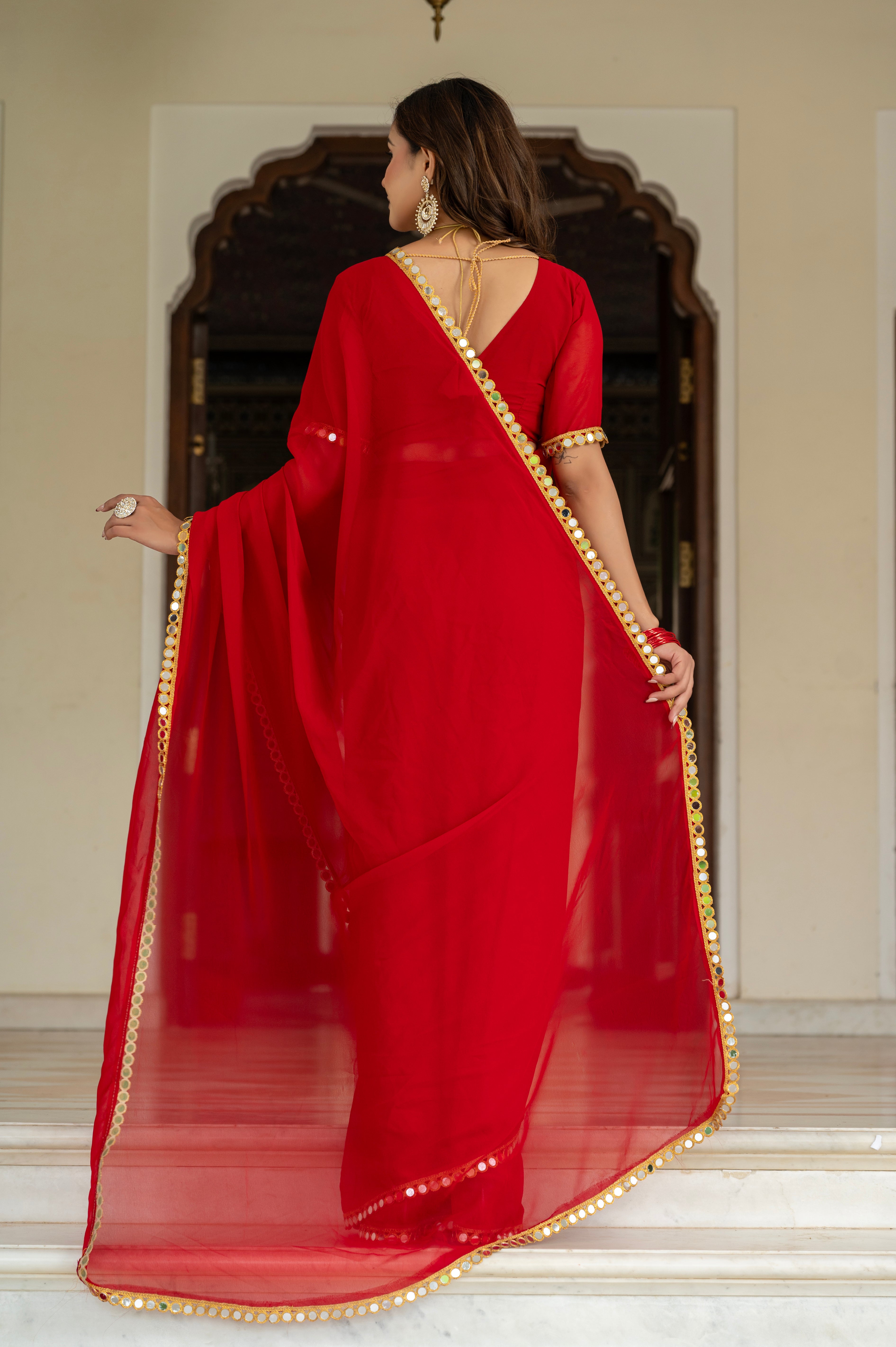 Elegant Red Mirror Work Georgette Saree