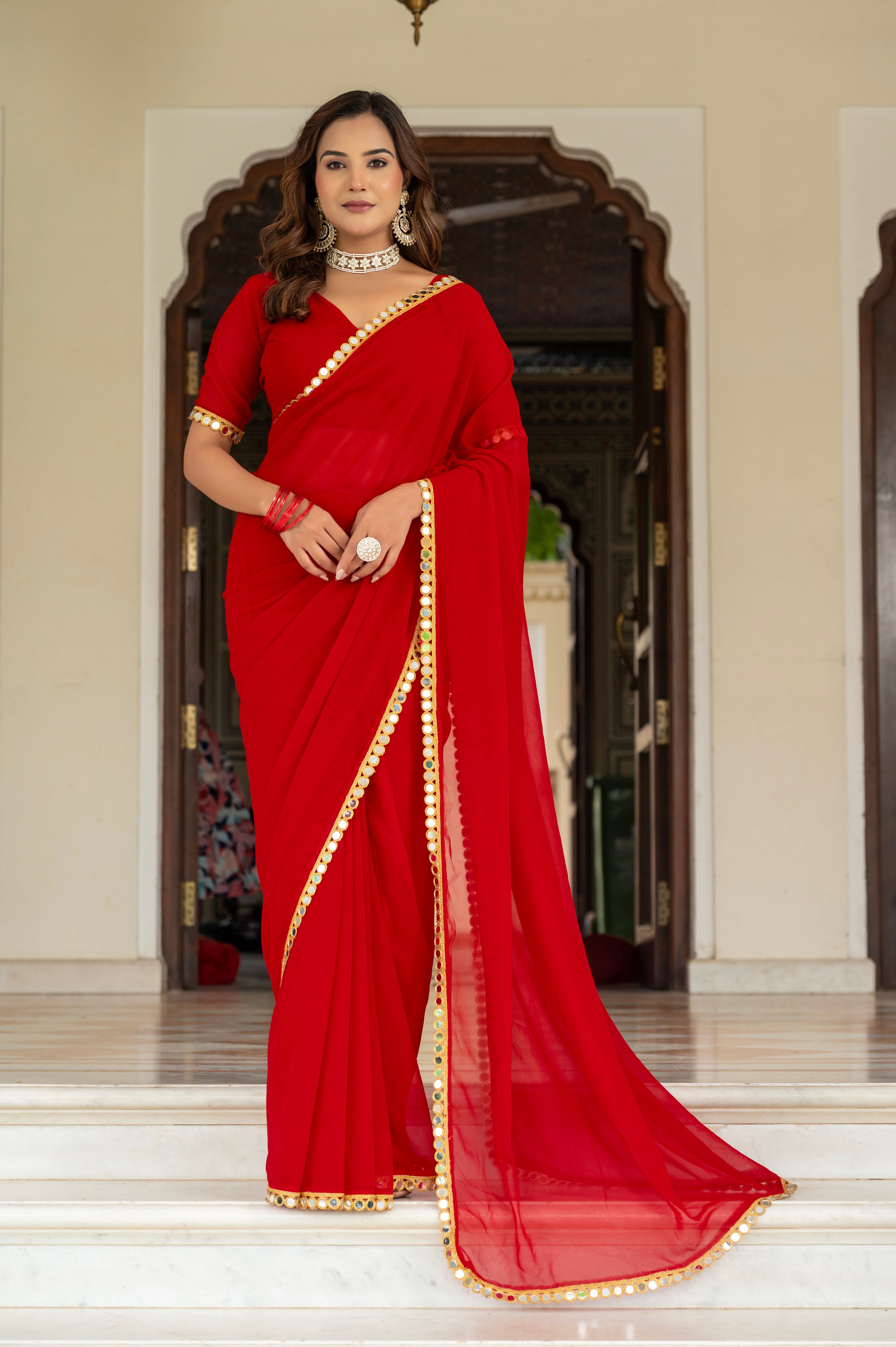 Elegant Red Mirror Work Georgette Saree