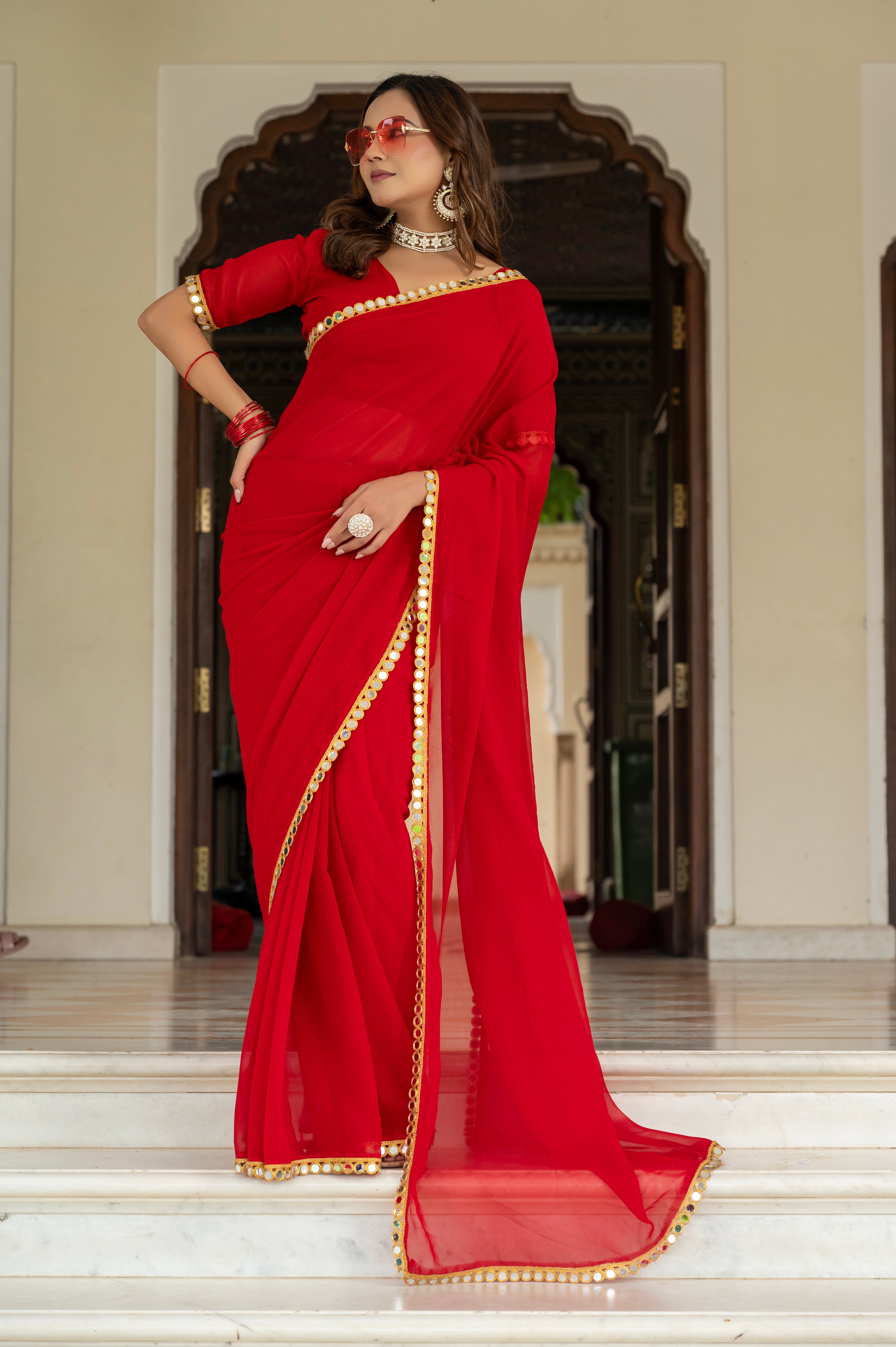 Elegant Red Mirror Work Georgette Saree