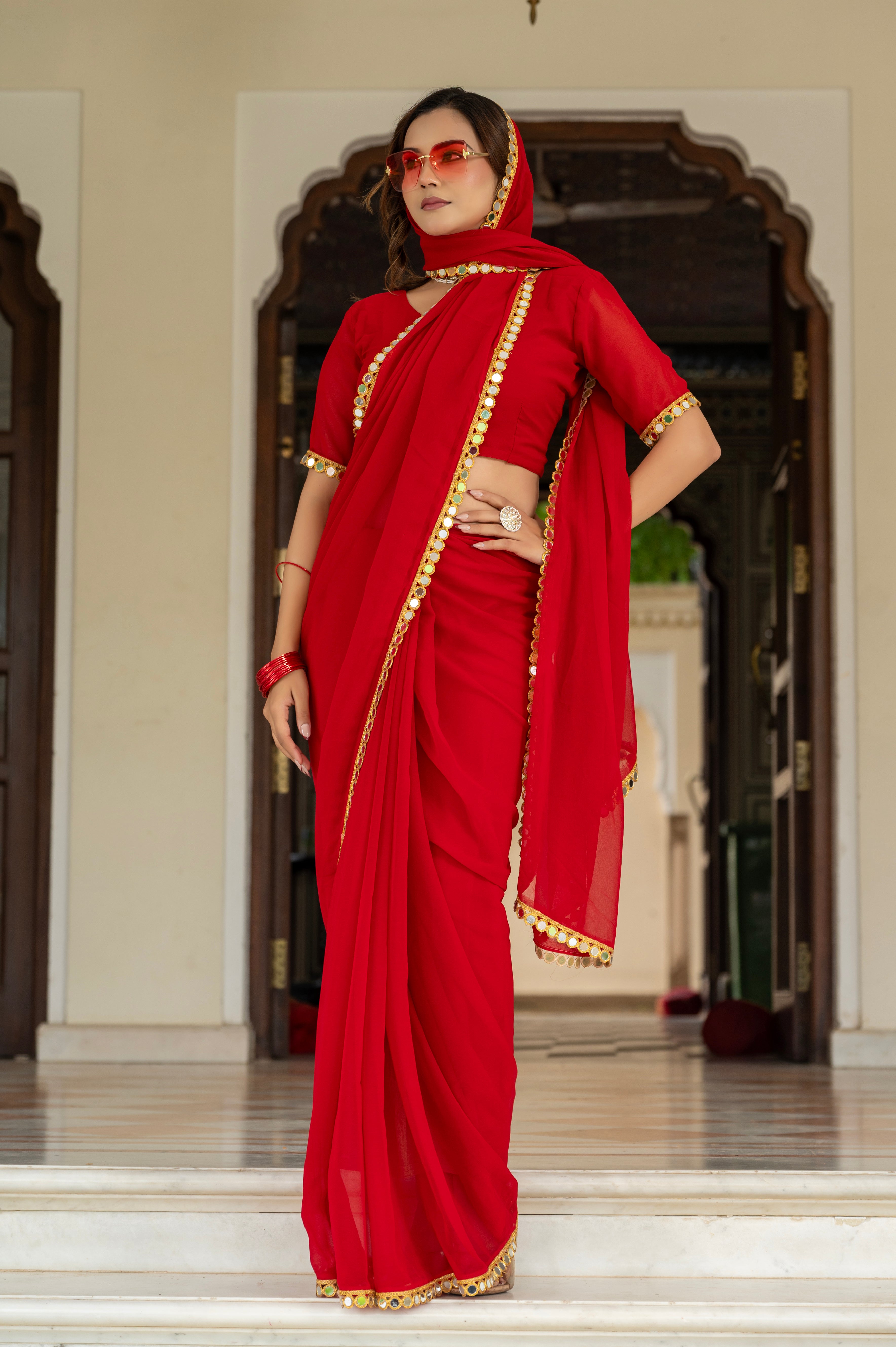 Elegant Red Mirror Work Georgette Saree
