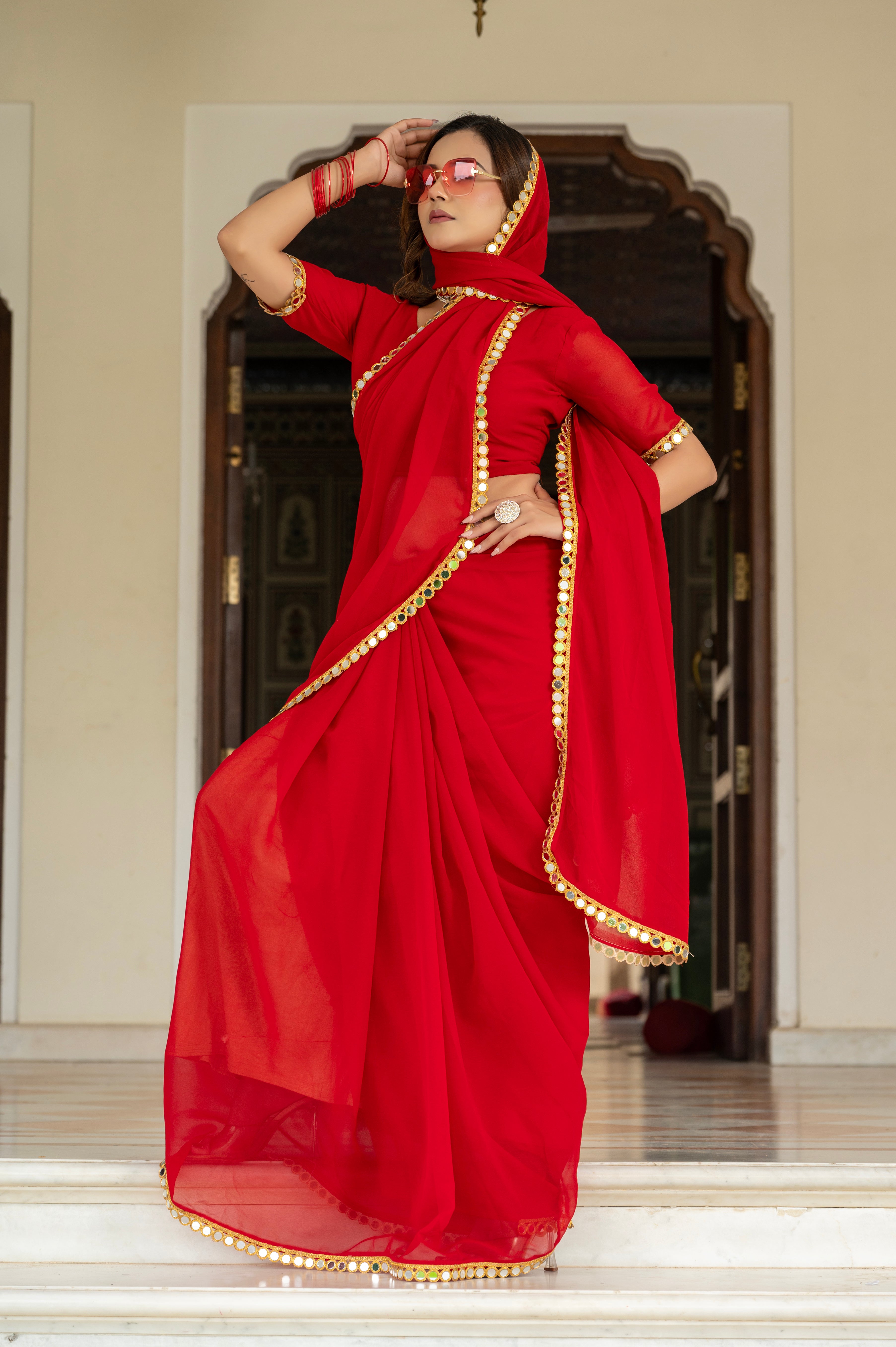 Elegant Red Mirror Work Georgette Saree