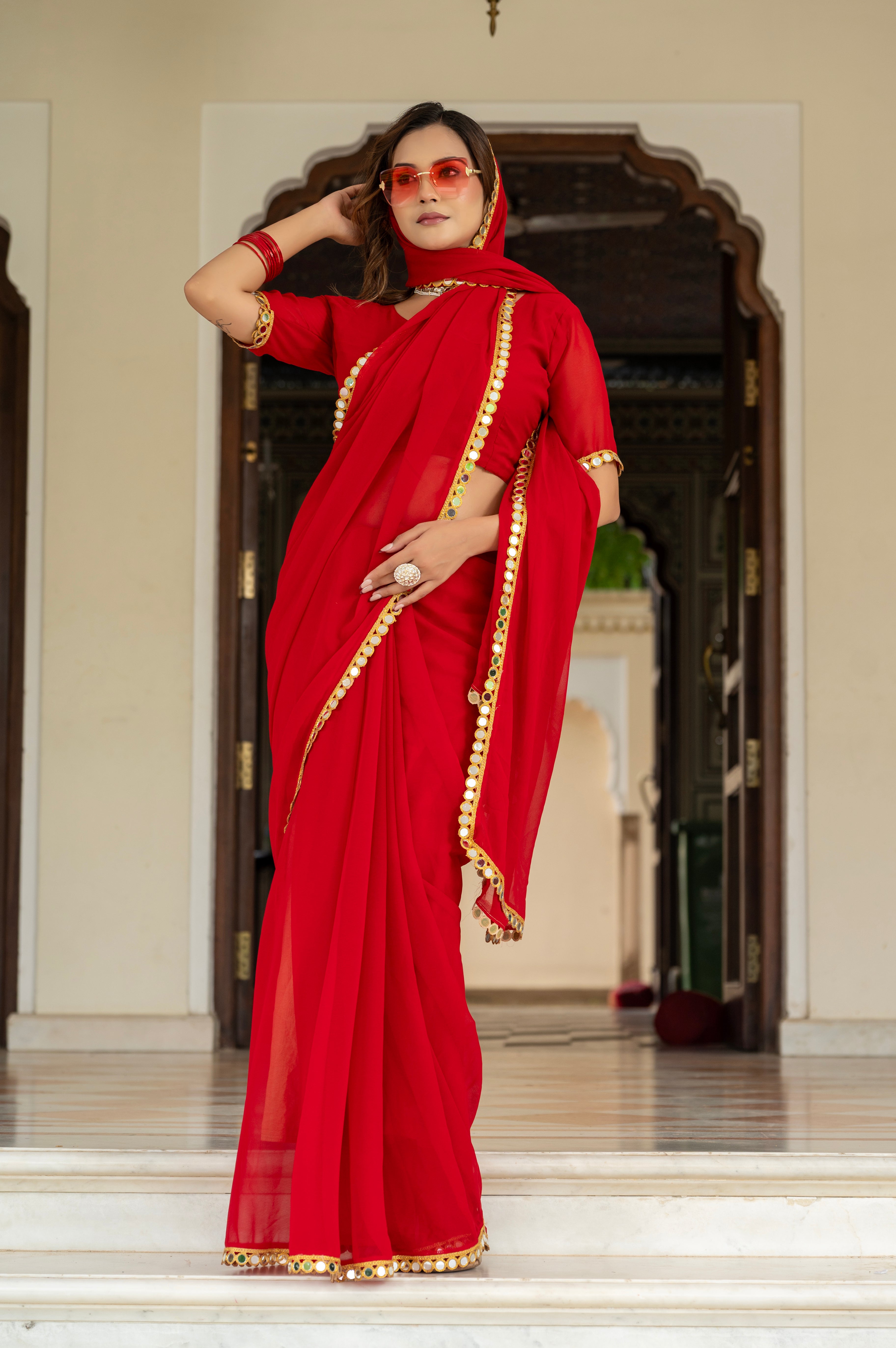 Elegant Red Mirror Work Georgette Saree
