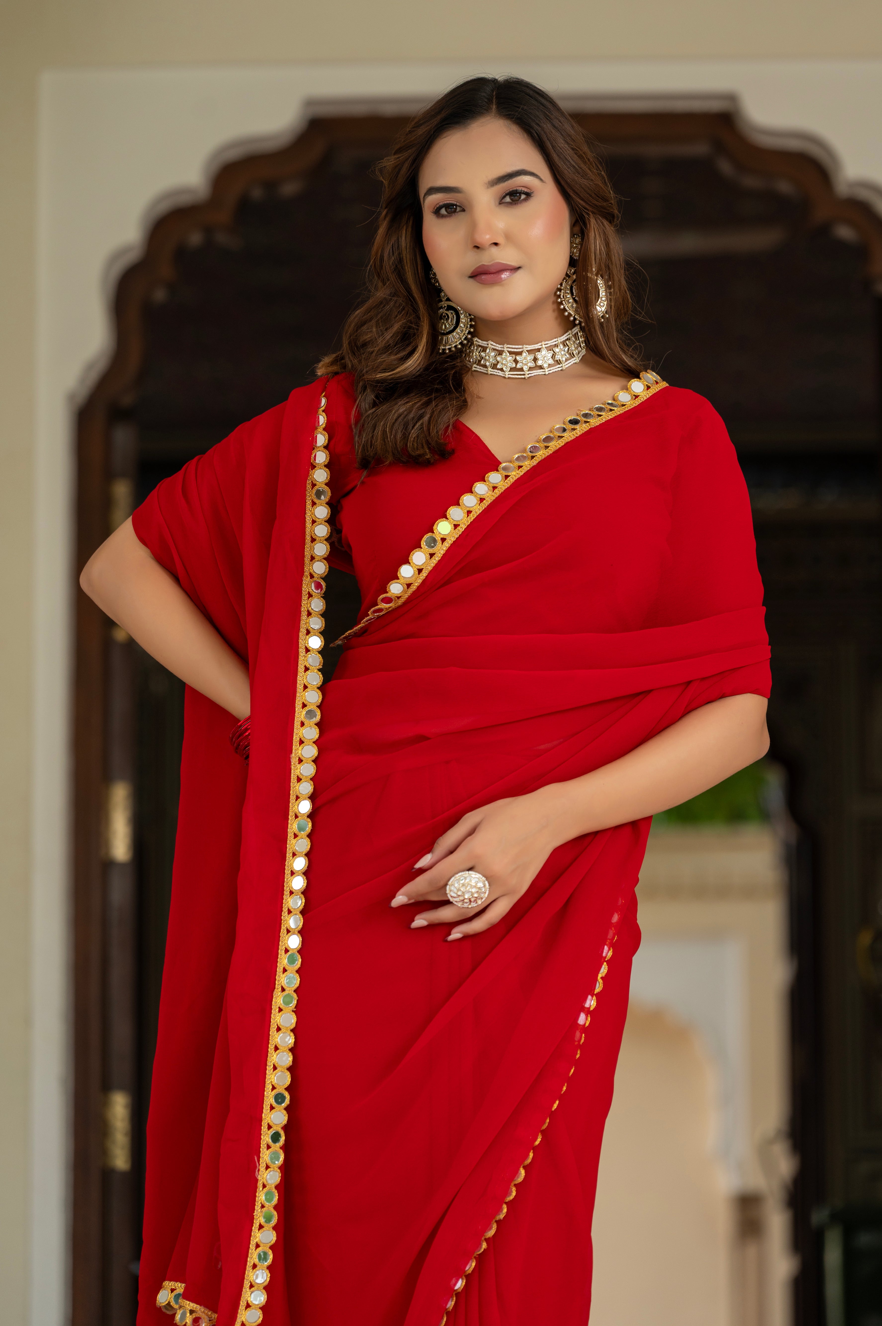 Elegant Red Mirror Work Georgette Saree