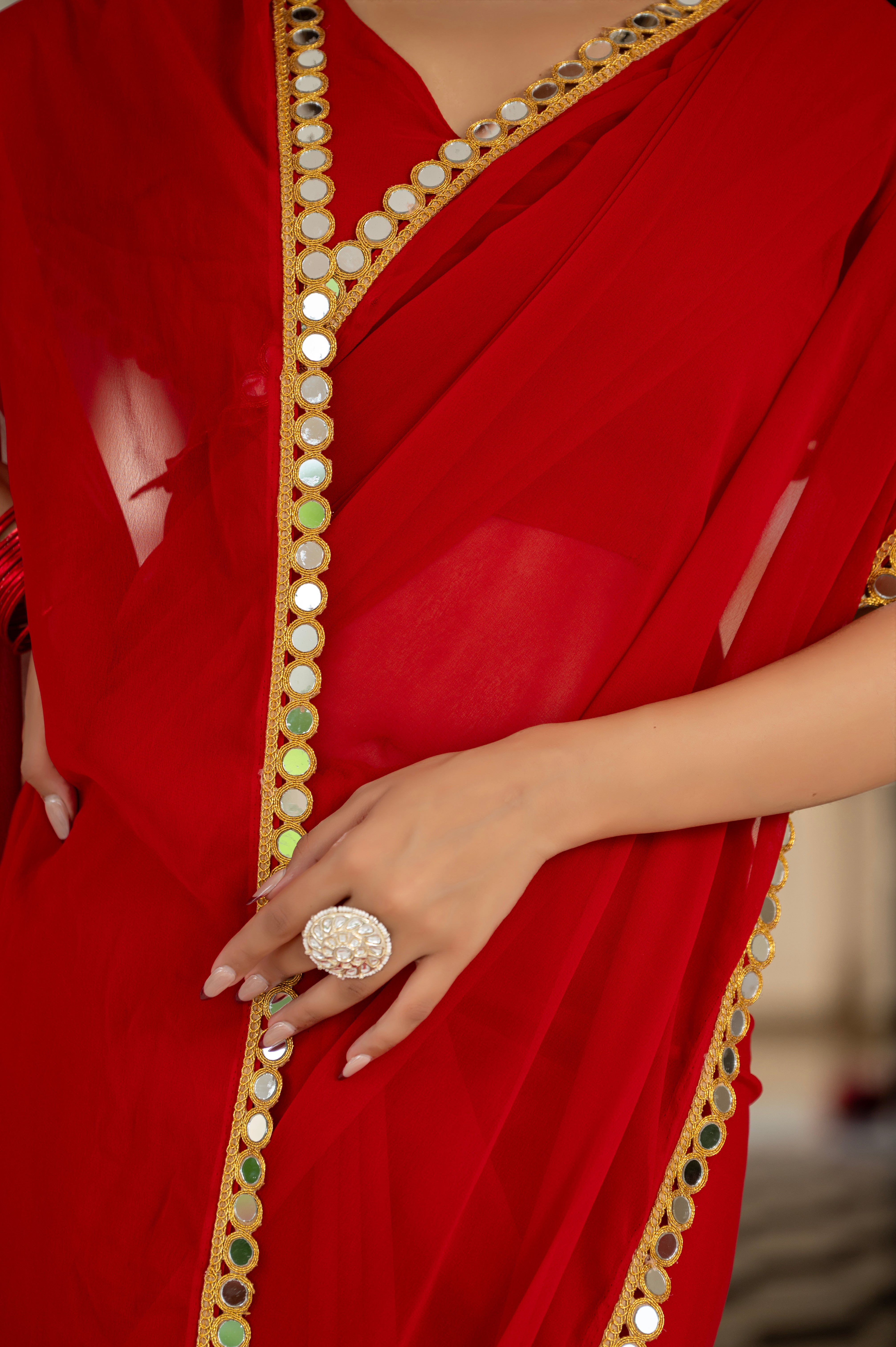Elegant Red Mirror Work Georgette Saree