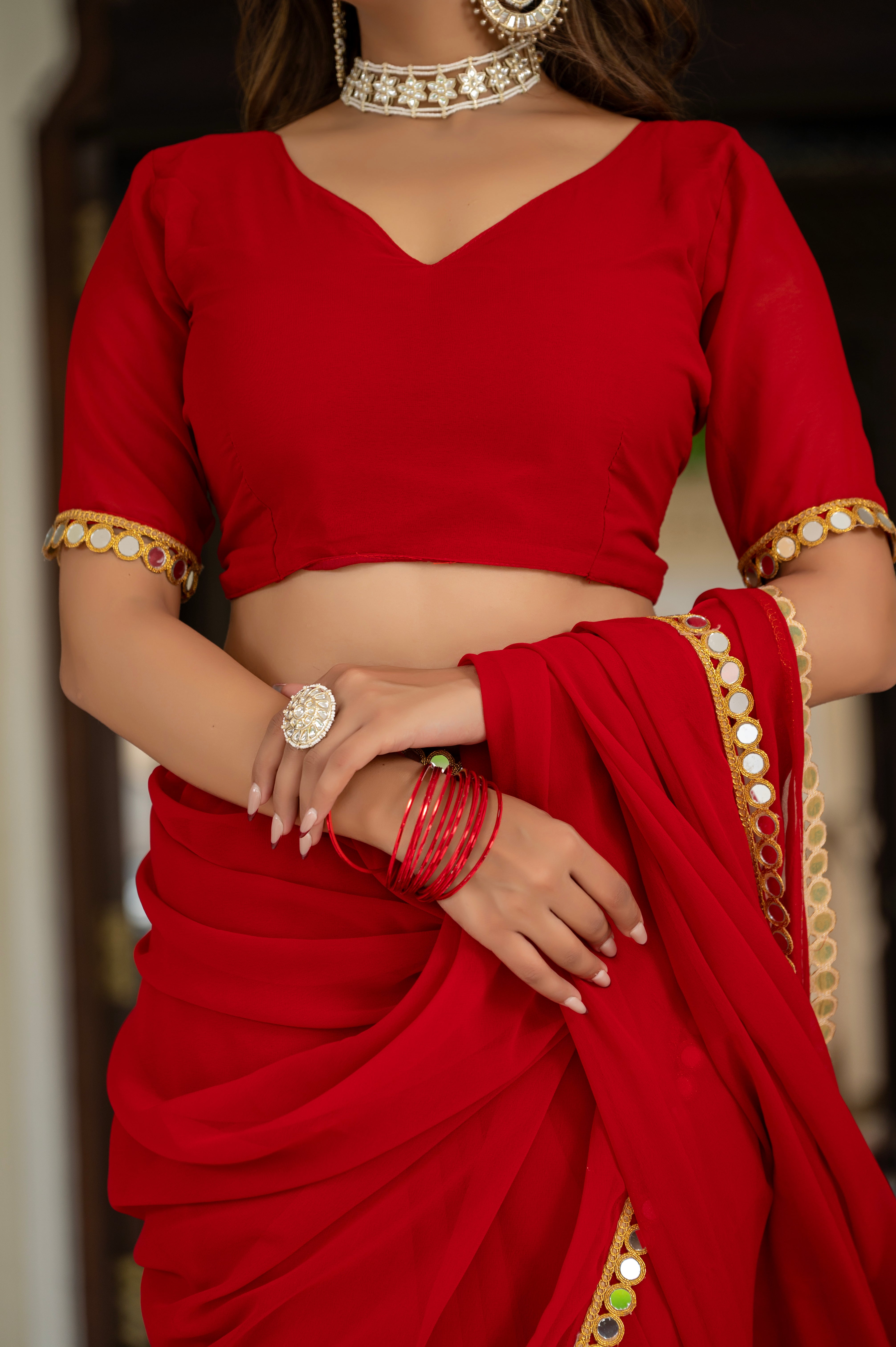 Elegant Red Mirror Work Georgette Saree