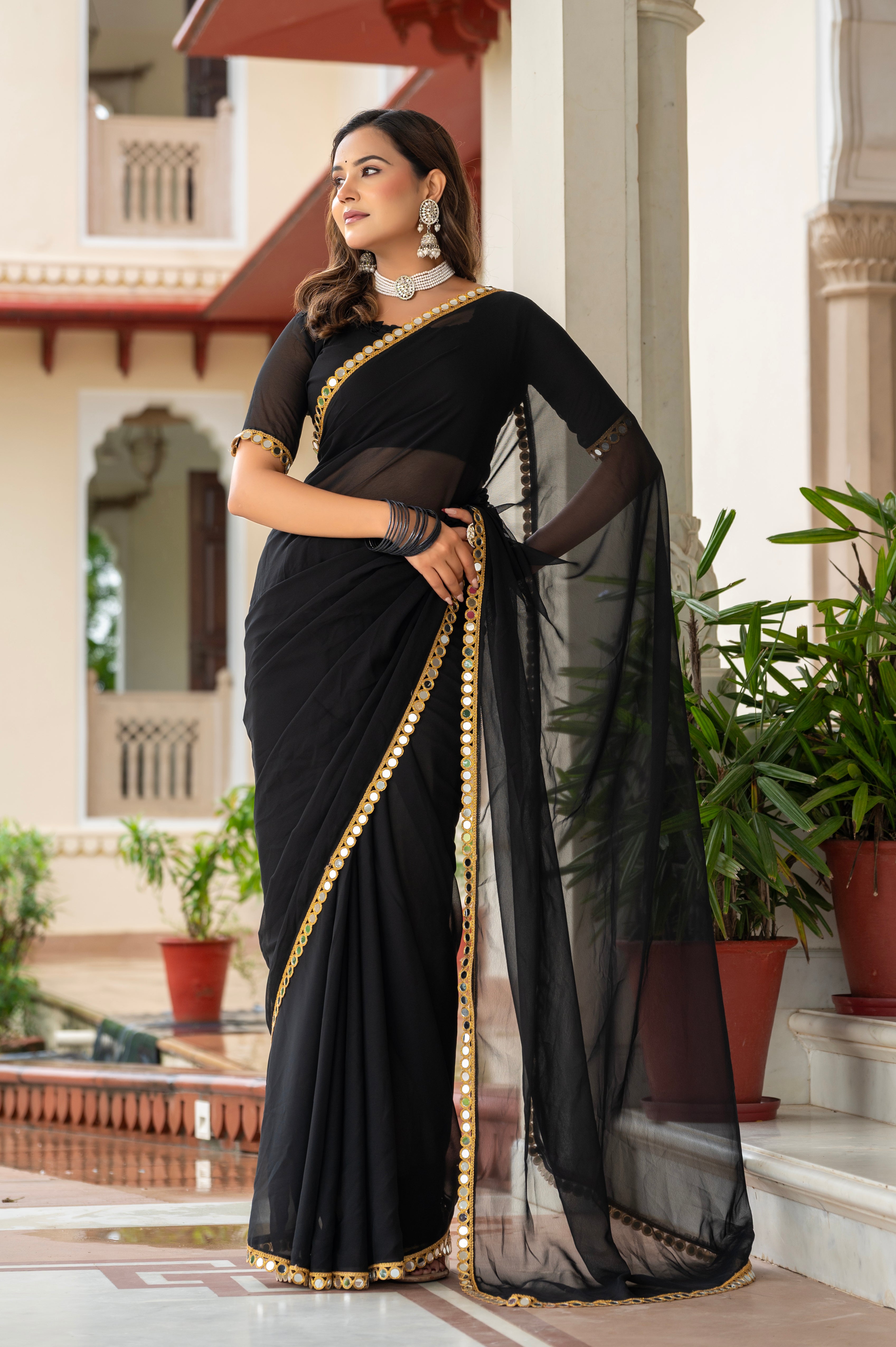 Elegant Black Mirror Work Georgette Saree