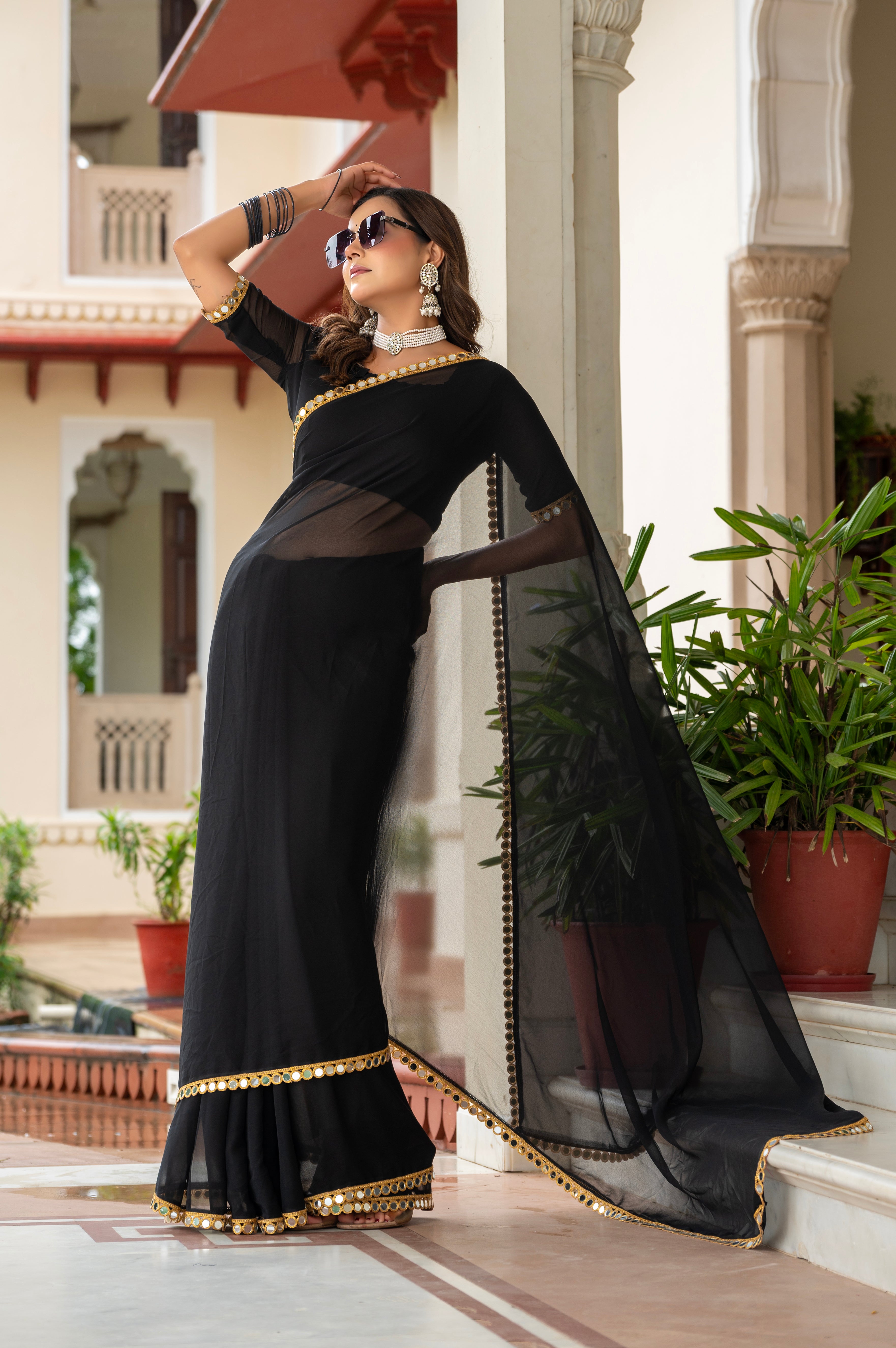 Elegant Black Mirror Work Georgette Saree