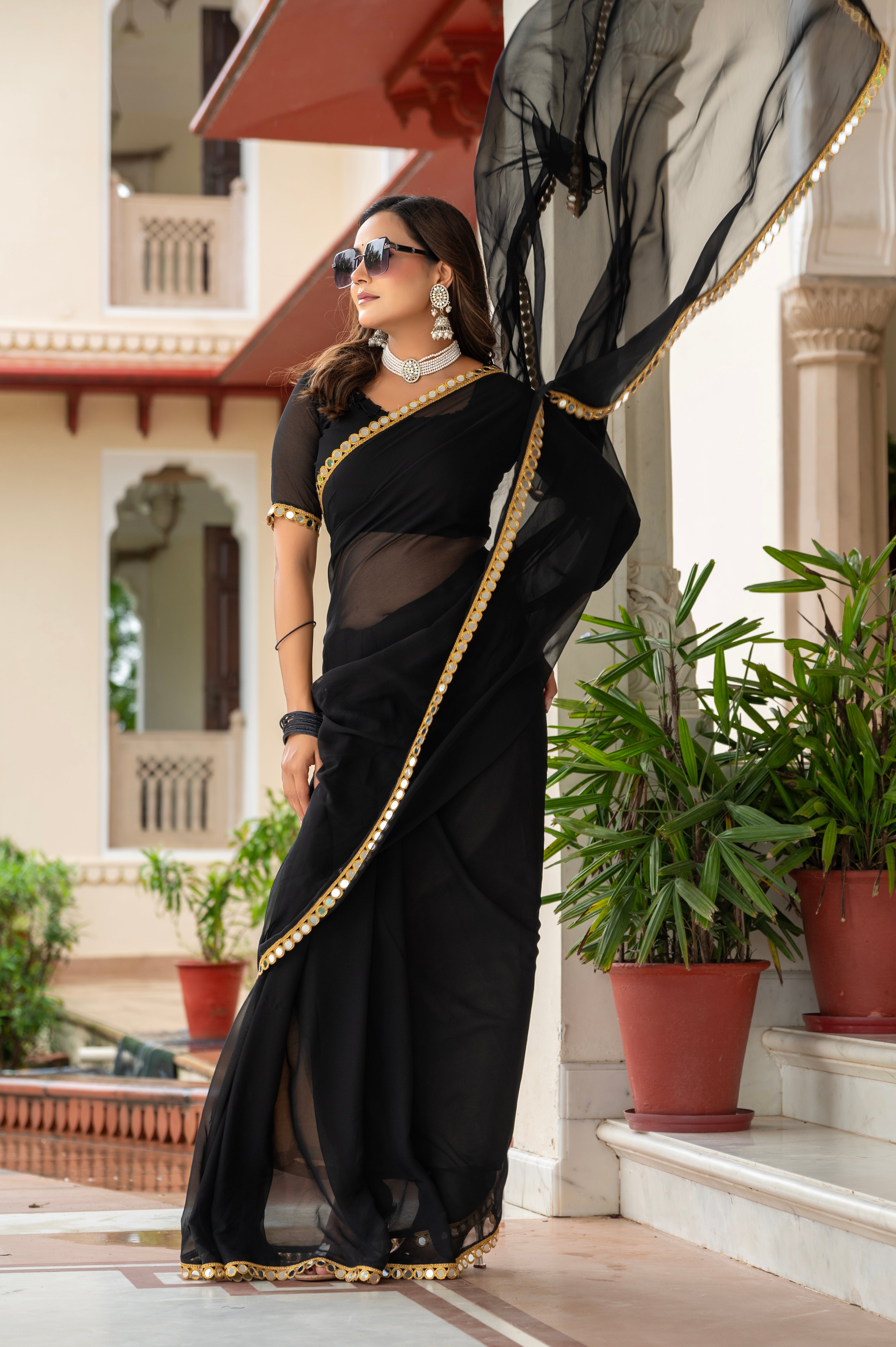 Elegant Black Mirror Work Georgette Saree