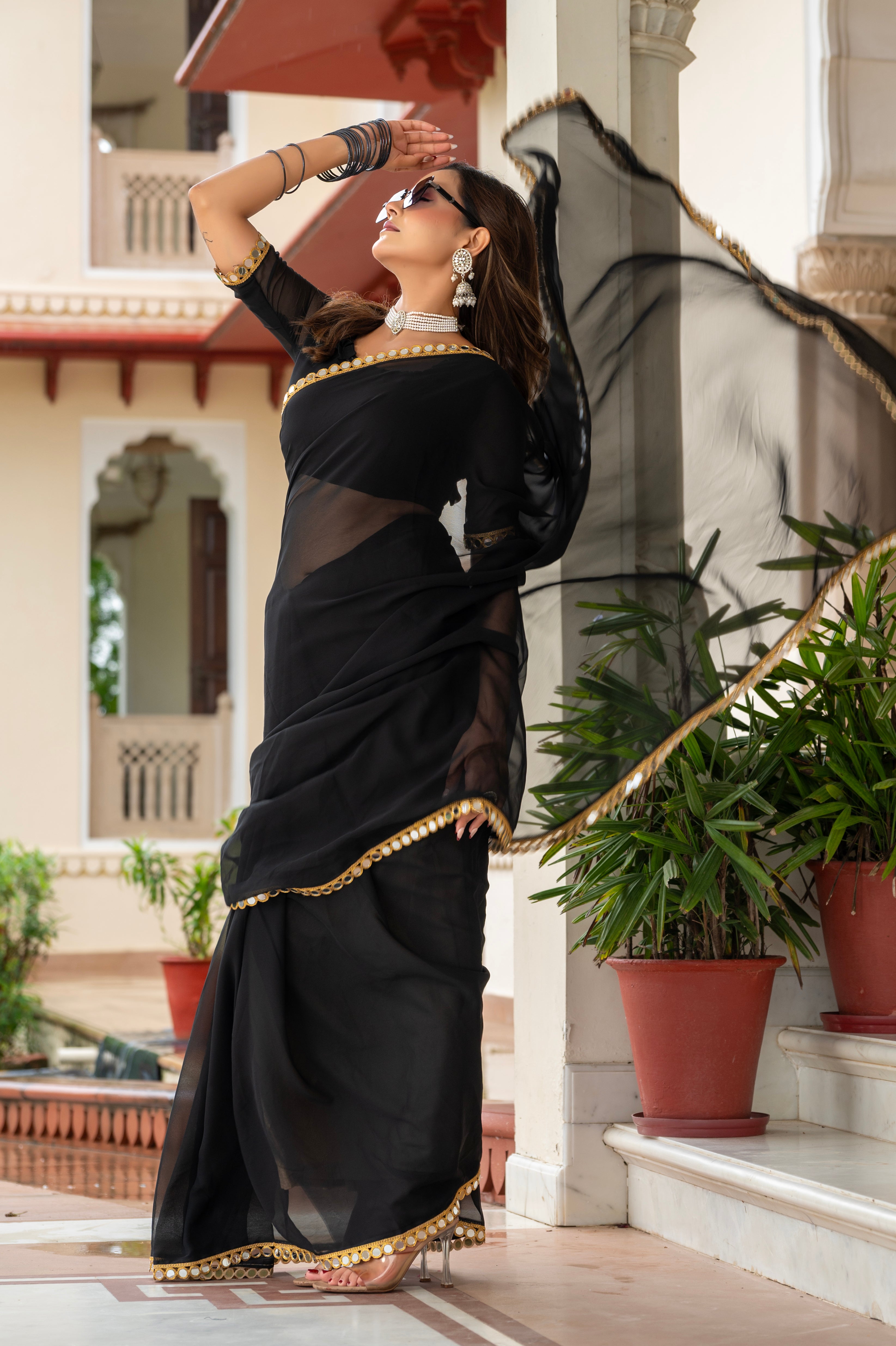 Elegant Black Mirror Work Georgette Saree