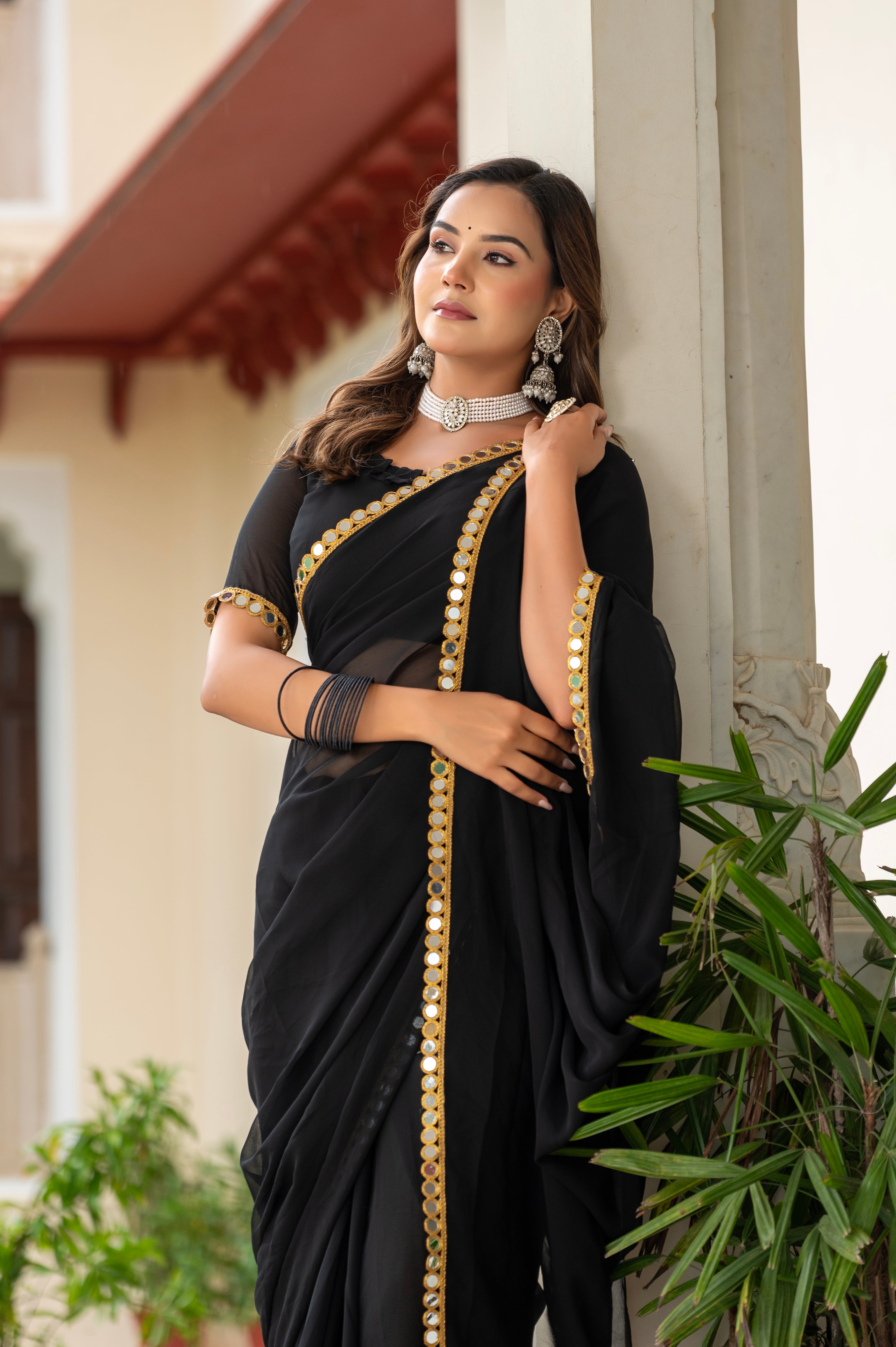 Elegant Black Mirror Work Georgette Saree