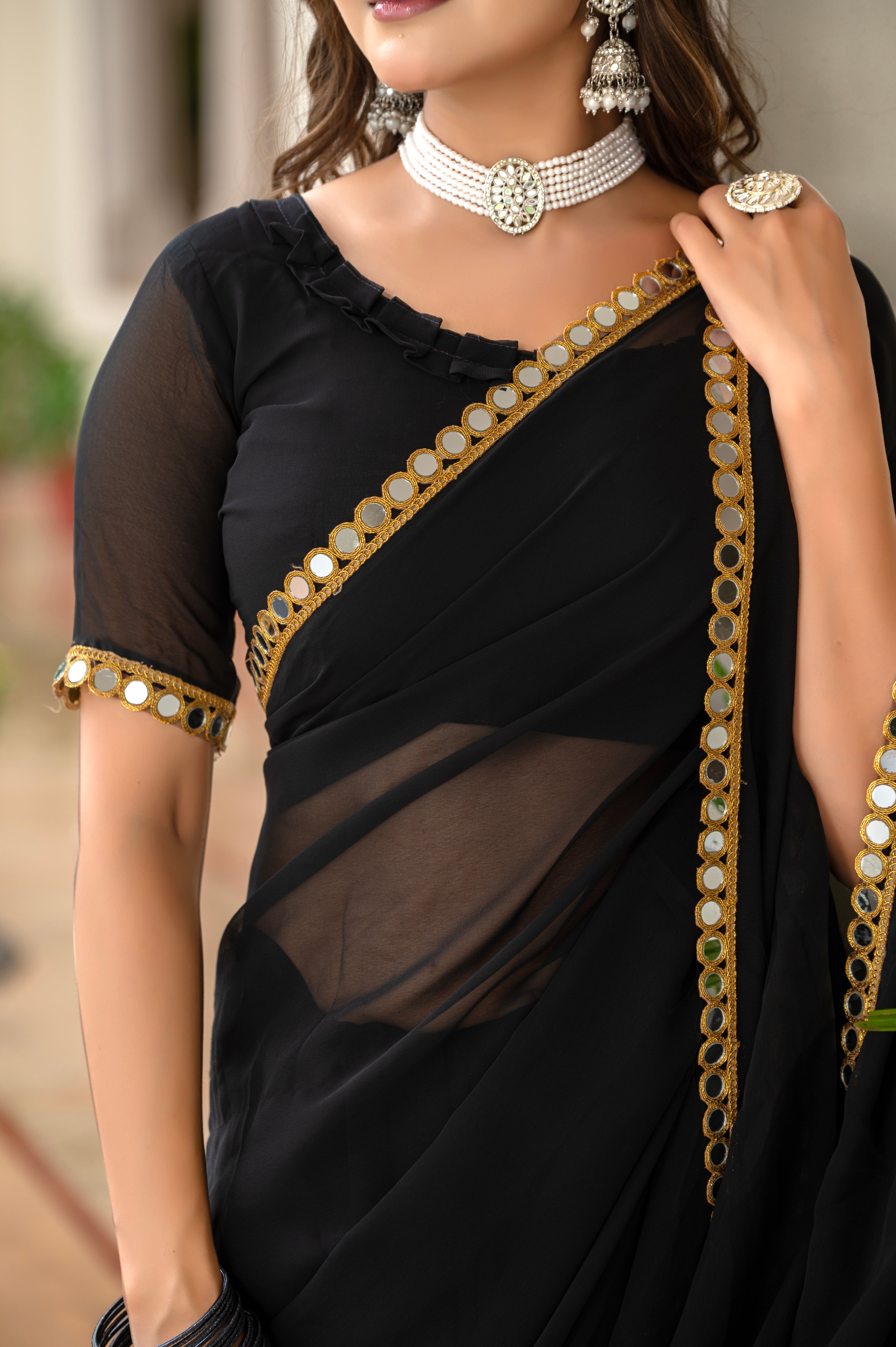Elegant Black Mirror Work Georgette Saree