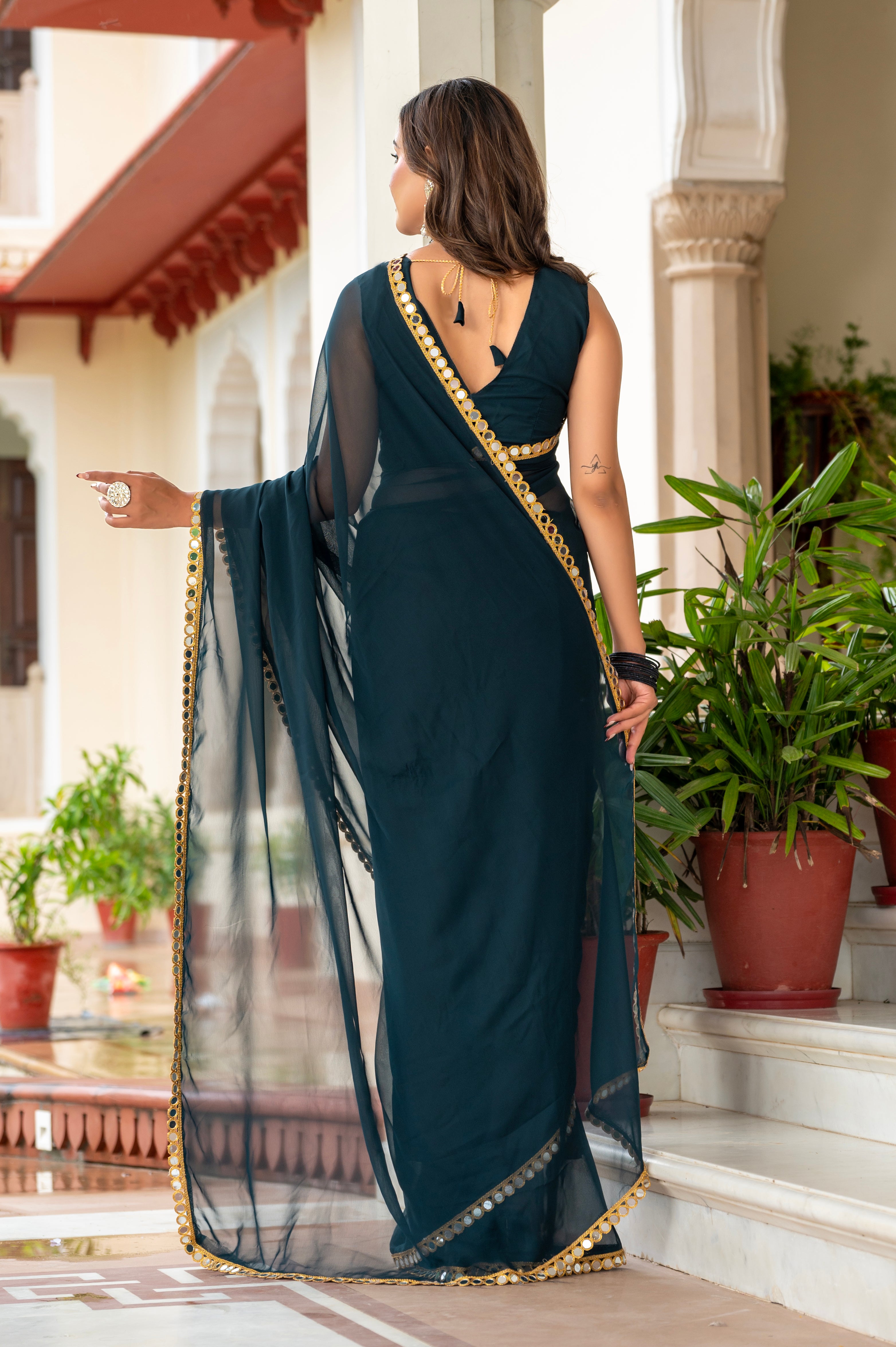 Elegant Dark Green Mirror Work Georgette Saree
