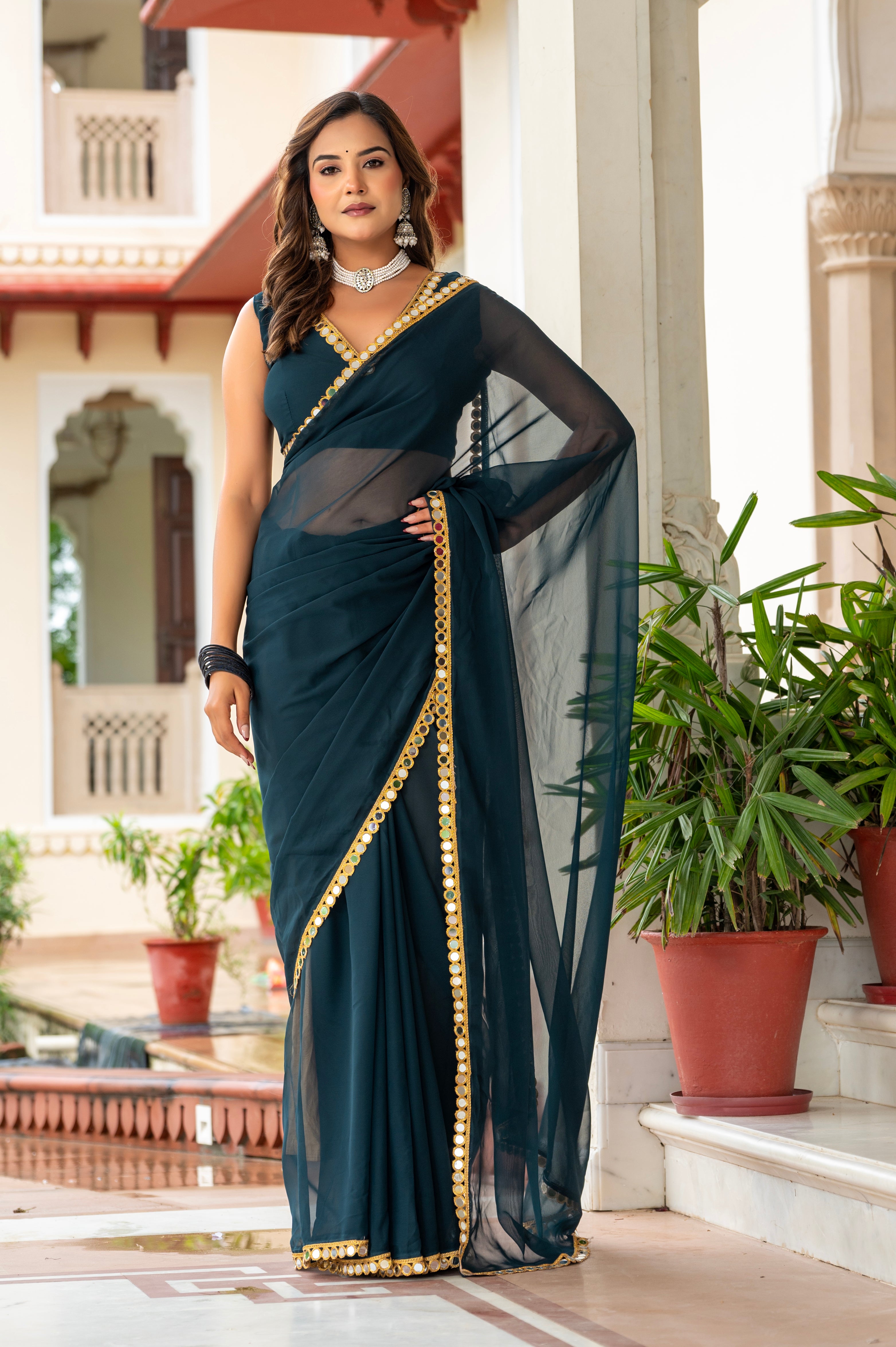 Elegant Dark Green Mirror Work Georgette Saree