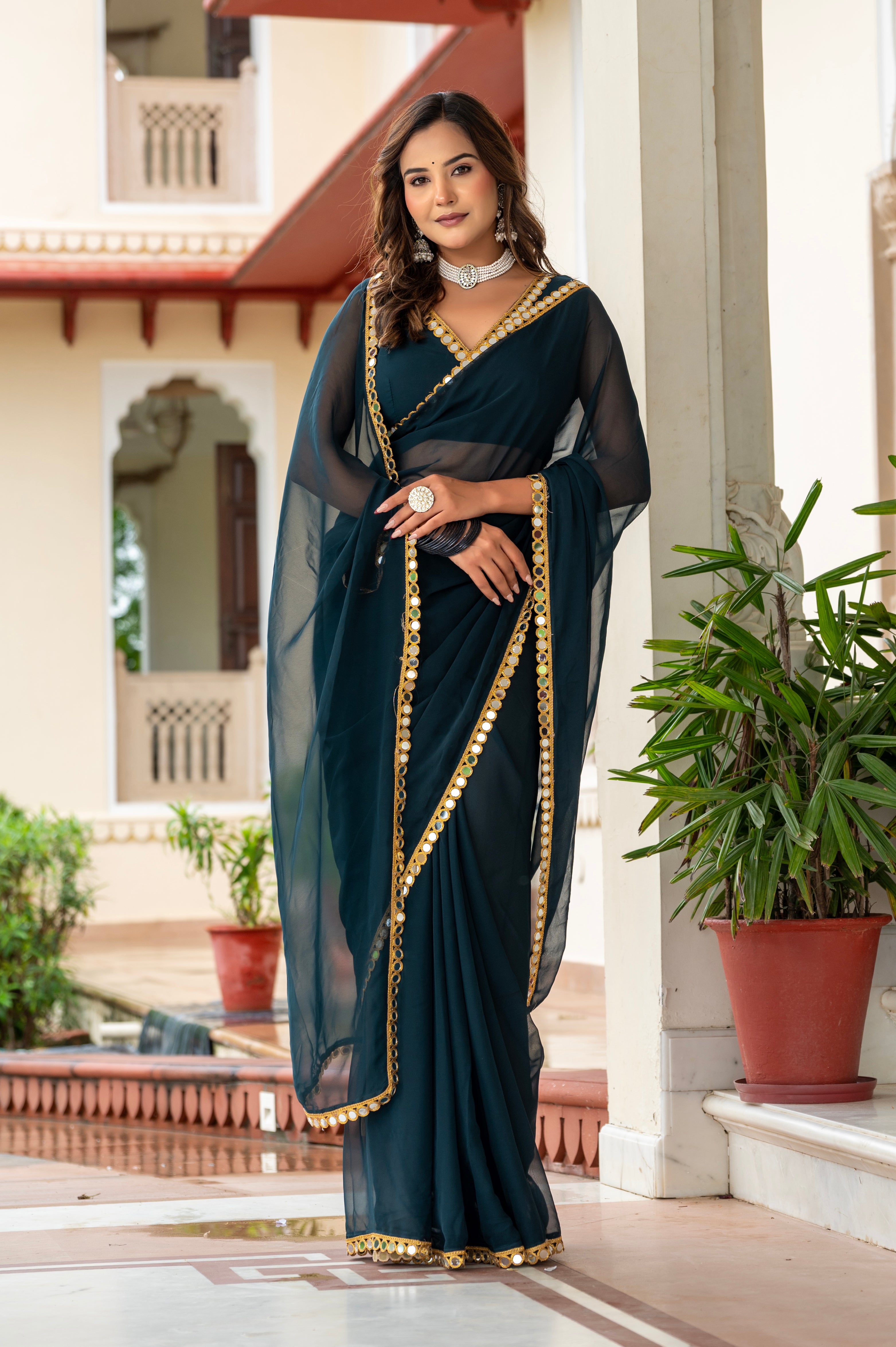 Elegant Dark Green Mirror Work Georgette Saree