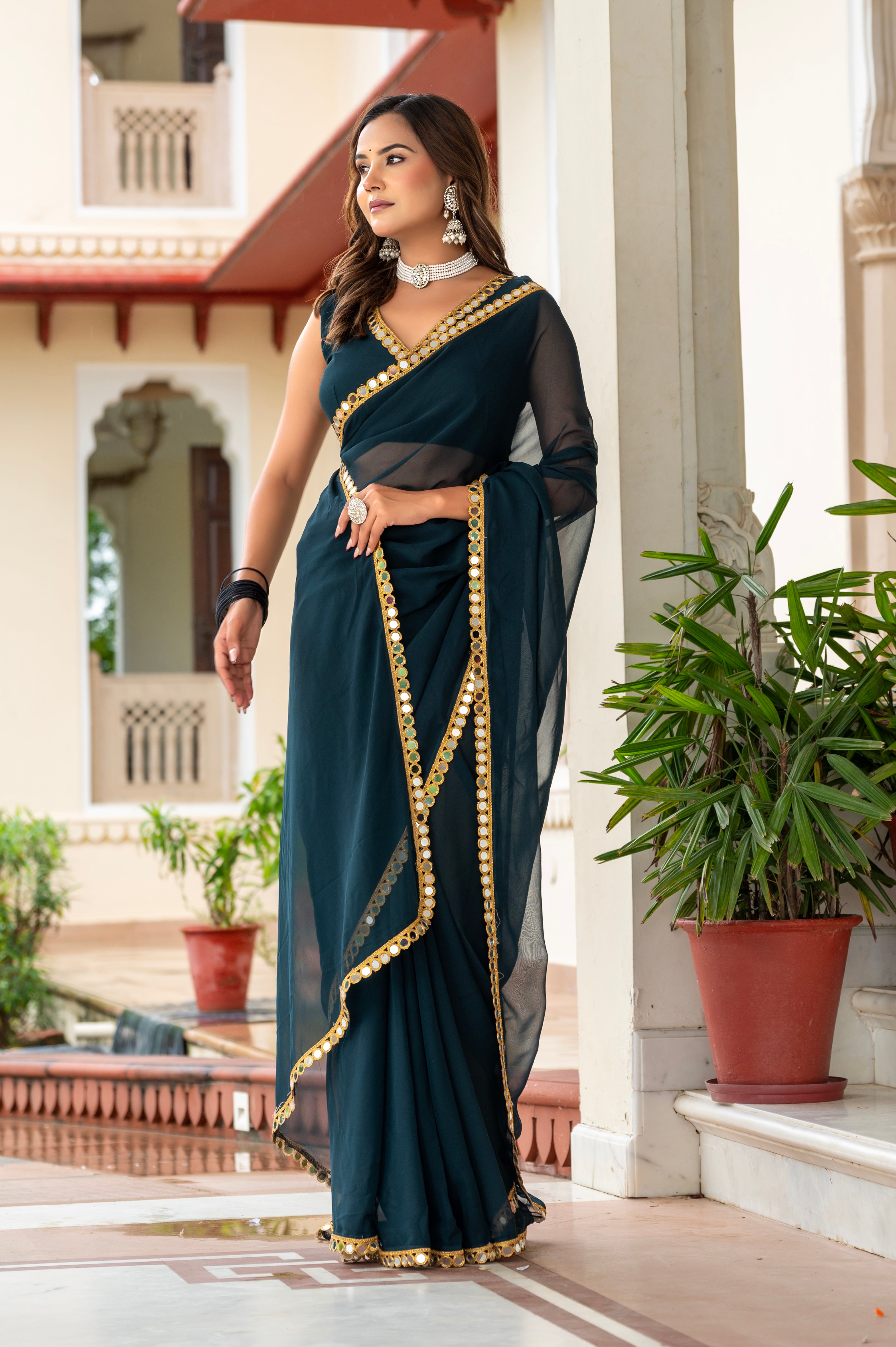 Elegant Dark Green Mirror Work Georgette Saree