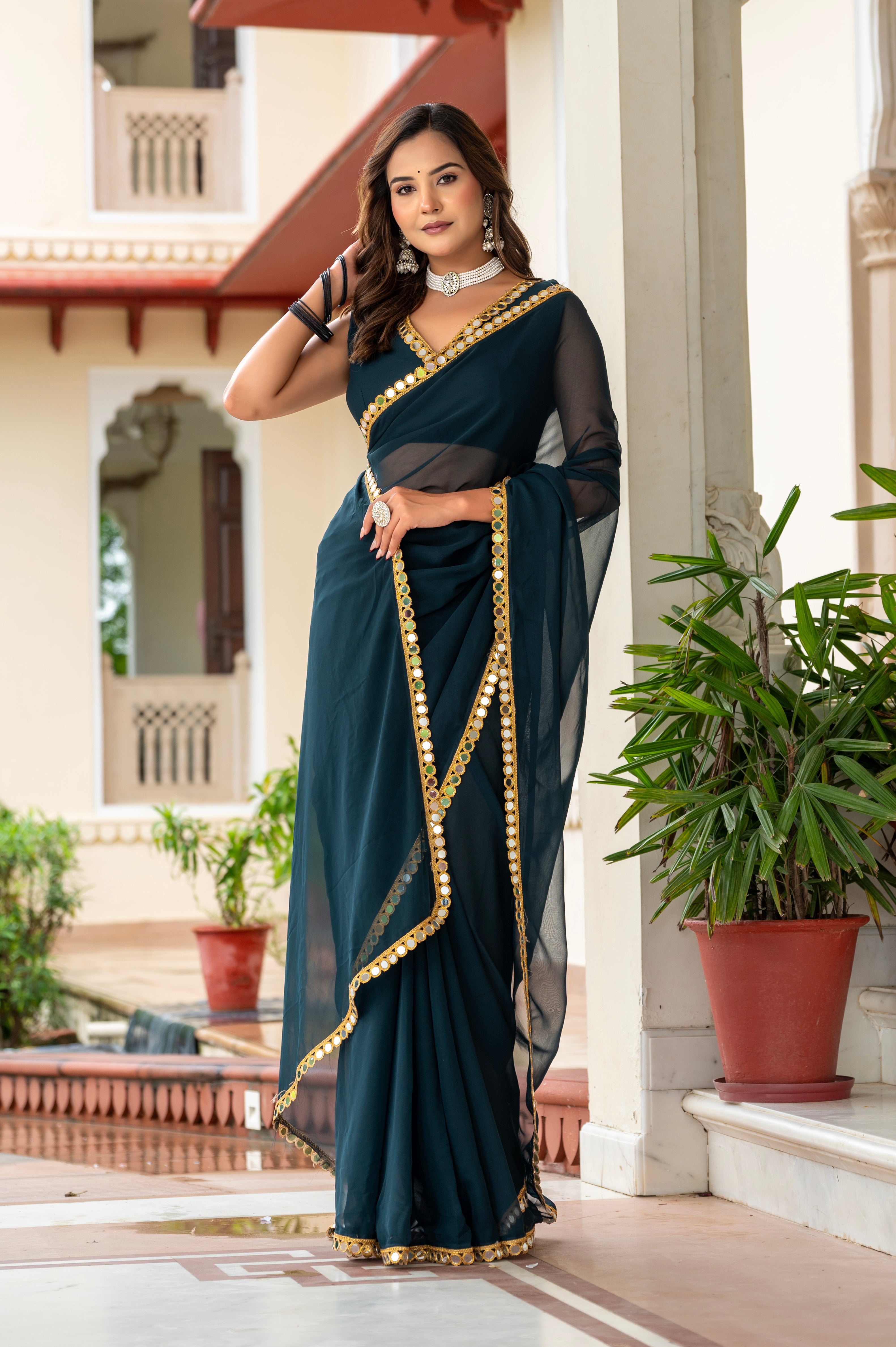 Elegant Dark Green Mirror Work Georgette Saree