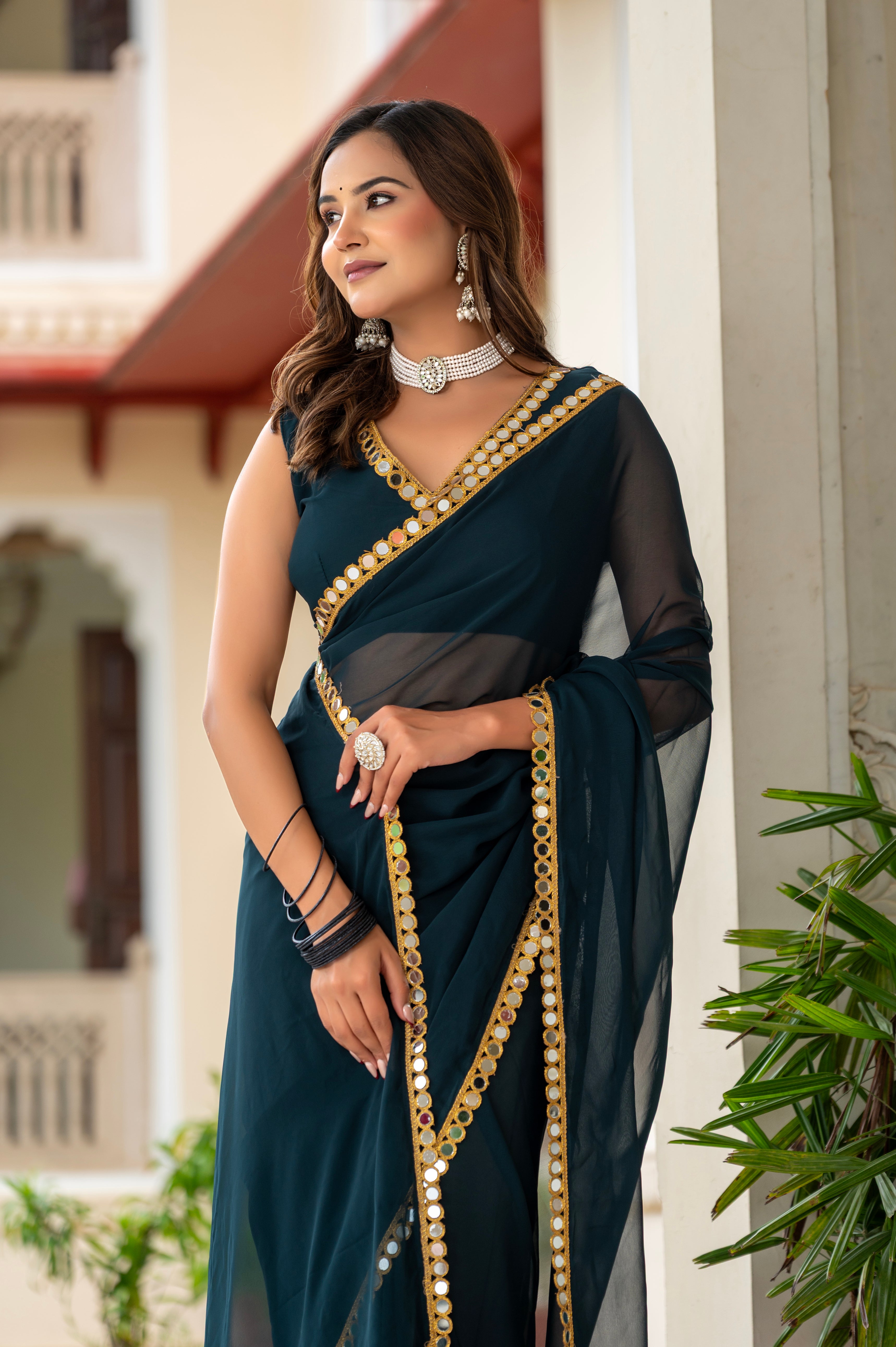 Elegant Dark Green Mirror Work Georgette Saree