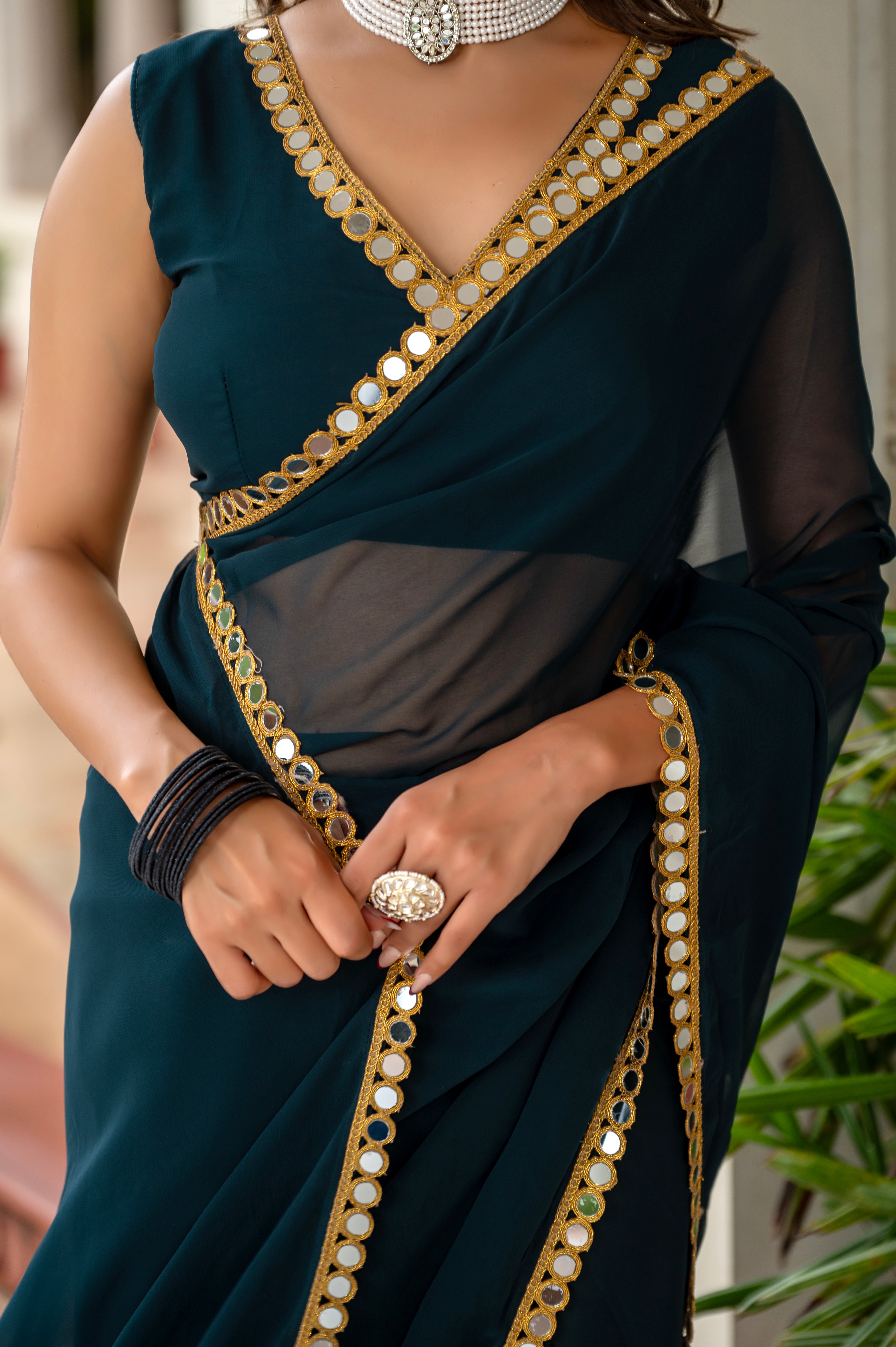 Elegant Dark Green Mirror Work Georgette Saree