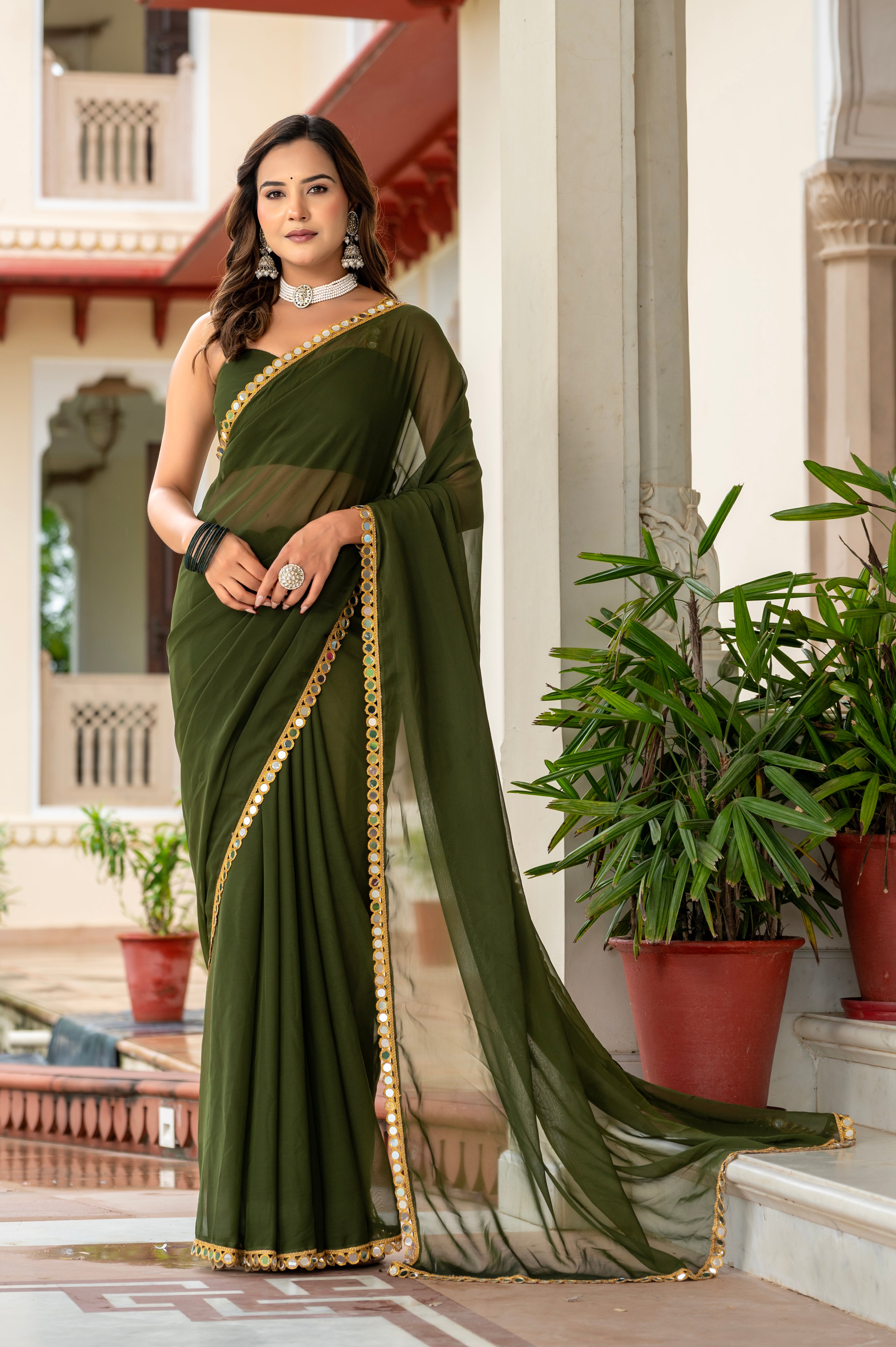 Elegant Mahendi Mirror Work Georgette Saree