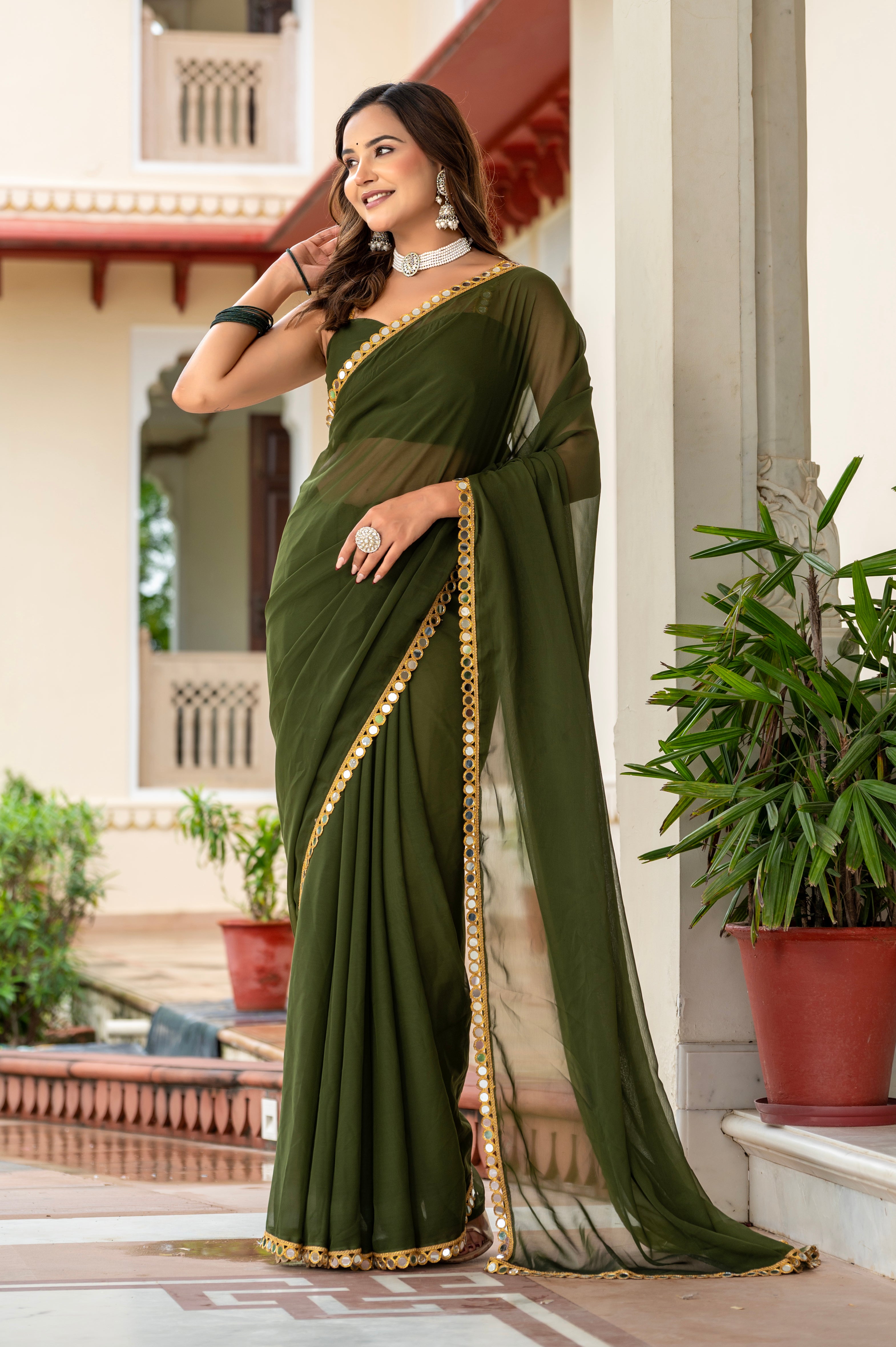 Elegant Mahendi Mirror Work Georgette Saree