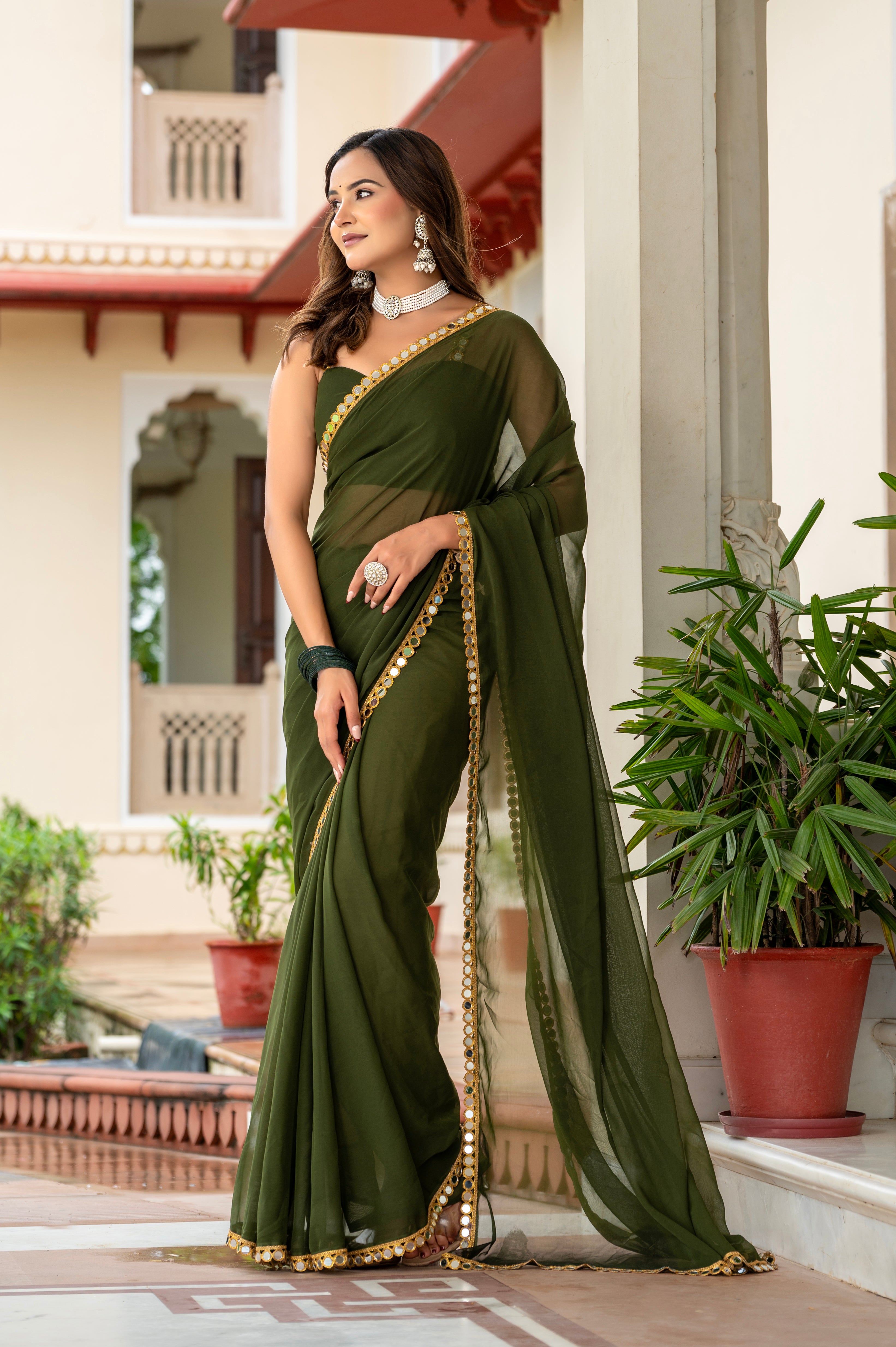 Elegant Mahendi Mirror Work Georgette Saree